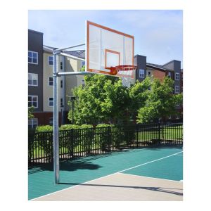 Outdoor Basketball System; Vertical 4' Ext; Fan Alum Board-Striped; Double Rim