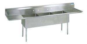 High Quality Three Compartment Sink 18" Drainboards, 18 gauge T304 Stainless Steel, 90"W x 2313/16"D, Bowl size 18"W x 14"D x 18"H