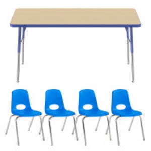 30in X 60in Rectangle Tmold Adjustable Activity Table Standard Swivel With 4 Stack Chairs 18in Swivel Glide Maple/blue