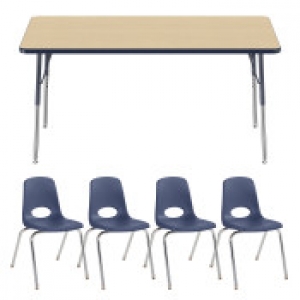 30in X 60in Rectangle Tmold Adjustable Activity Table Standard Swivel With 4 Stack Chairs 18in Swivel Glide Maple/navy