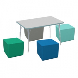 30 X 48in Rectangle Contour Activity Table With Standard Swivel Legs And Square Ottomans 16in Height, 5piece Set
