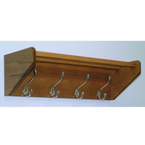 Wooden Mallet 4 Hook Shelf, Nickel Hooks, Medium Oak