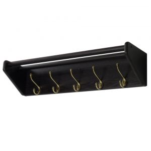 Wooden Mallet 5 Hook Shelf, Brass Hooks, Black