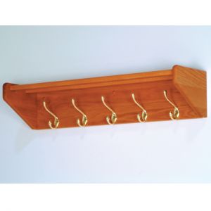 Wooden Mallet 5 Hook Shelf, Brass Hooks, Medium Oak