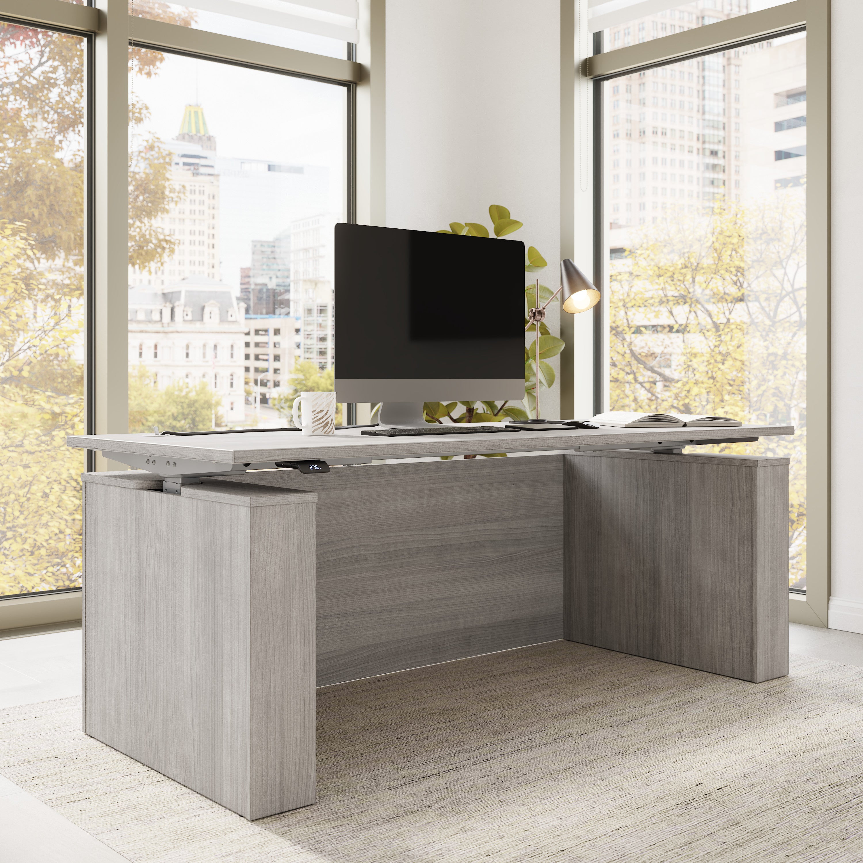 Bush Business Furniture Stratus&nbsp;72W x&nbsp;30D Electric Height Adjustable Standing Desk with Modesty Panel in Platinum Gray with Metallic Gray Base - 71.02" Width x 29.37" Depth x 27.44" Height