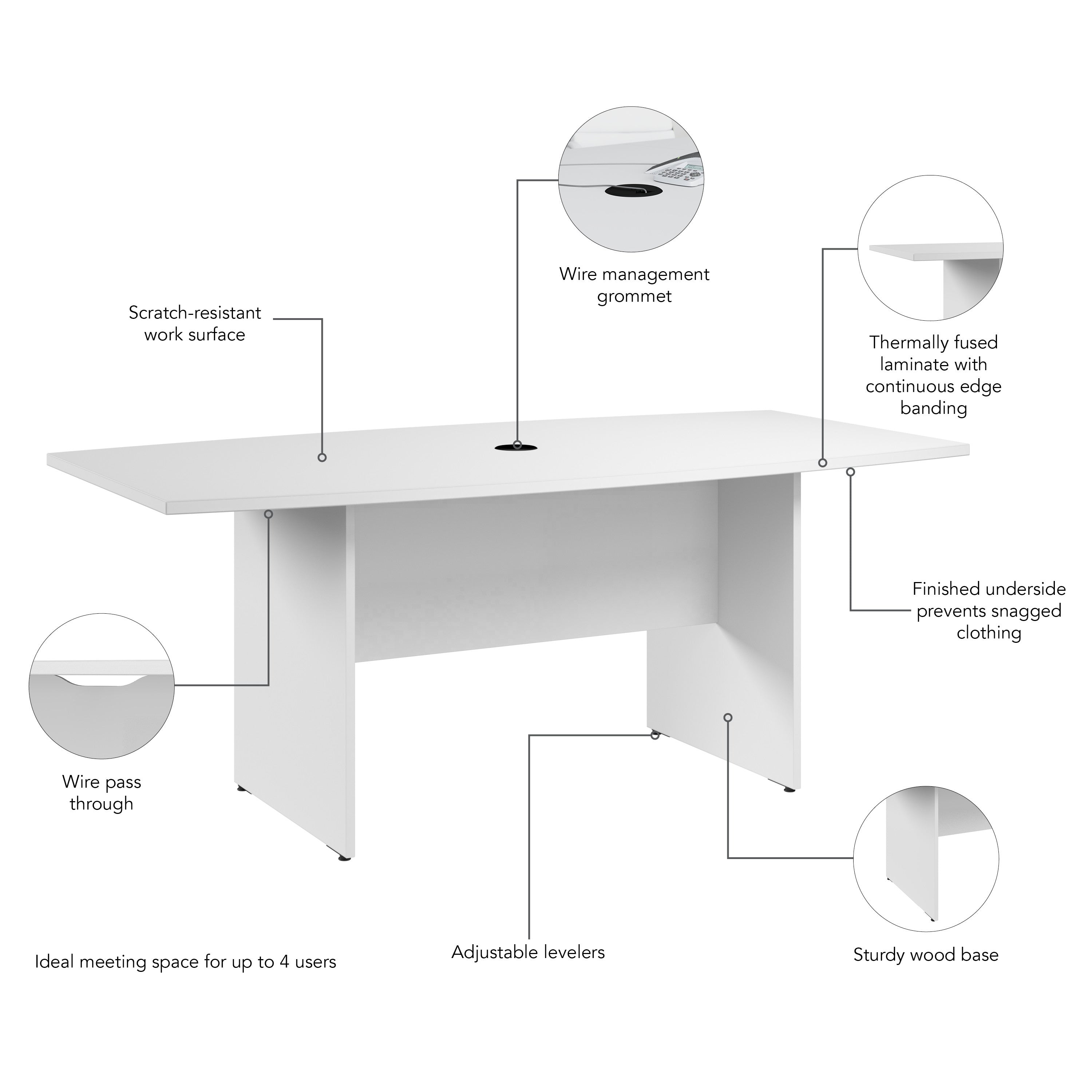 Bush Business Furniture 72-inch Office Conference Table with Wood Base in White - 71.54" Width x 35.98" Depth x 28.65" Height