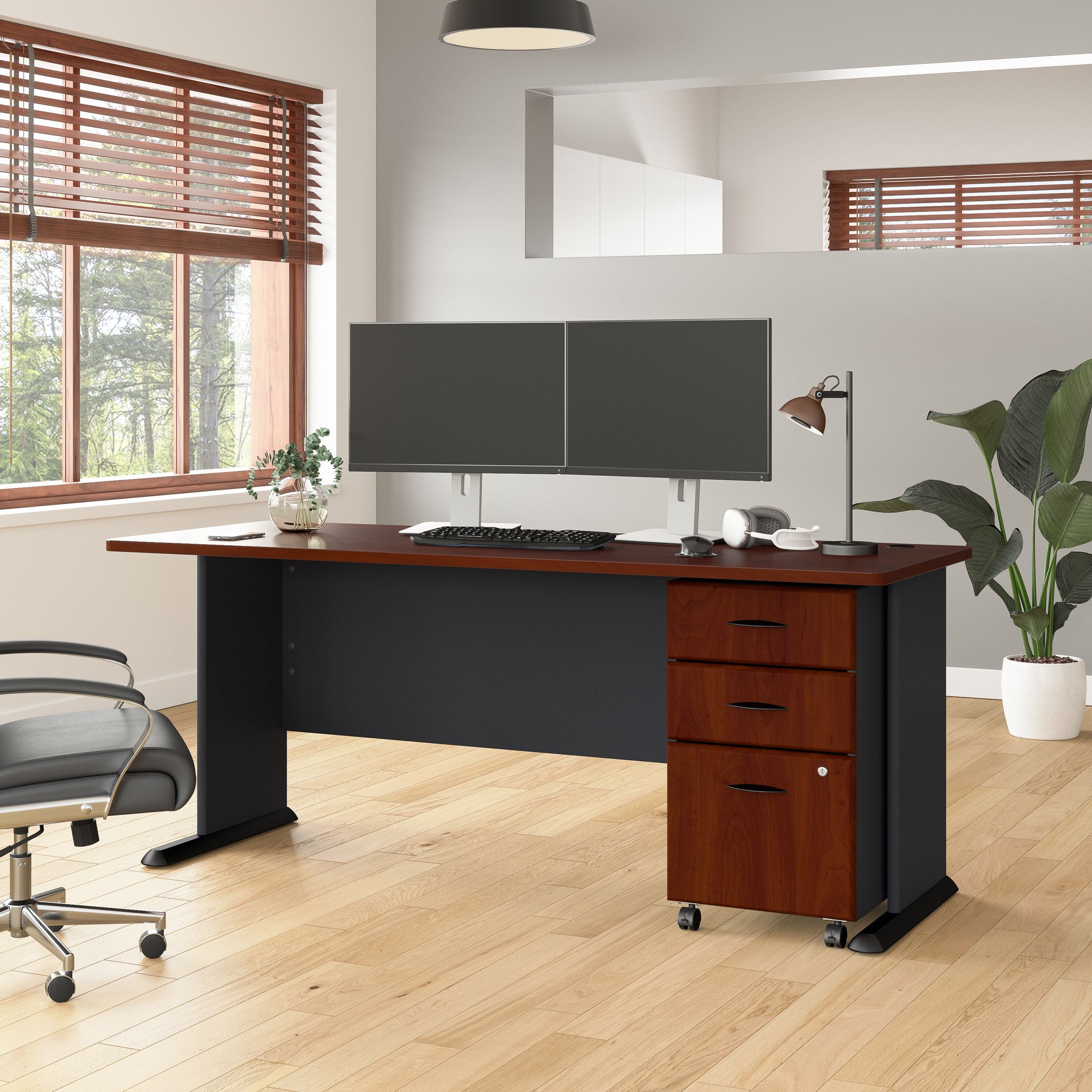 Bush Business Furniture Series A 72W Desk with Mobile File Cabinet in Hansen Cherry and Galaxy - 71.54" Width x 26.81" Depth x 29.66" Height