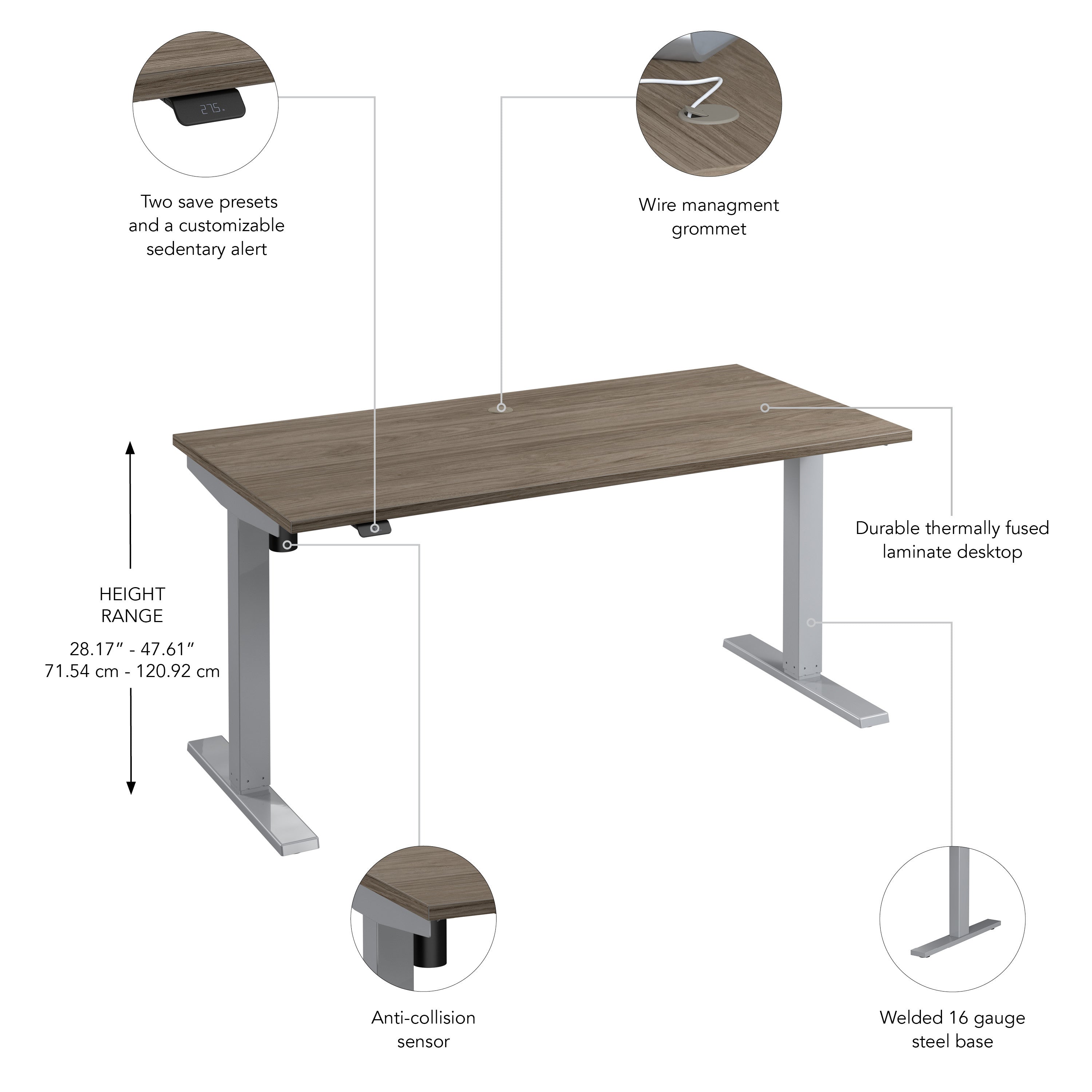 Bush Business Furniture Move 40 Series 60W x 30D Electric Height Adjustable Standing Desk in Modern Hickory with Metallic Gray Base - 59.45" Width x 29.37" Depth x 28.17" Height