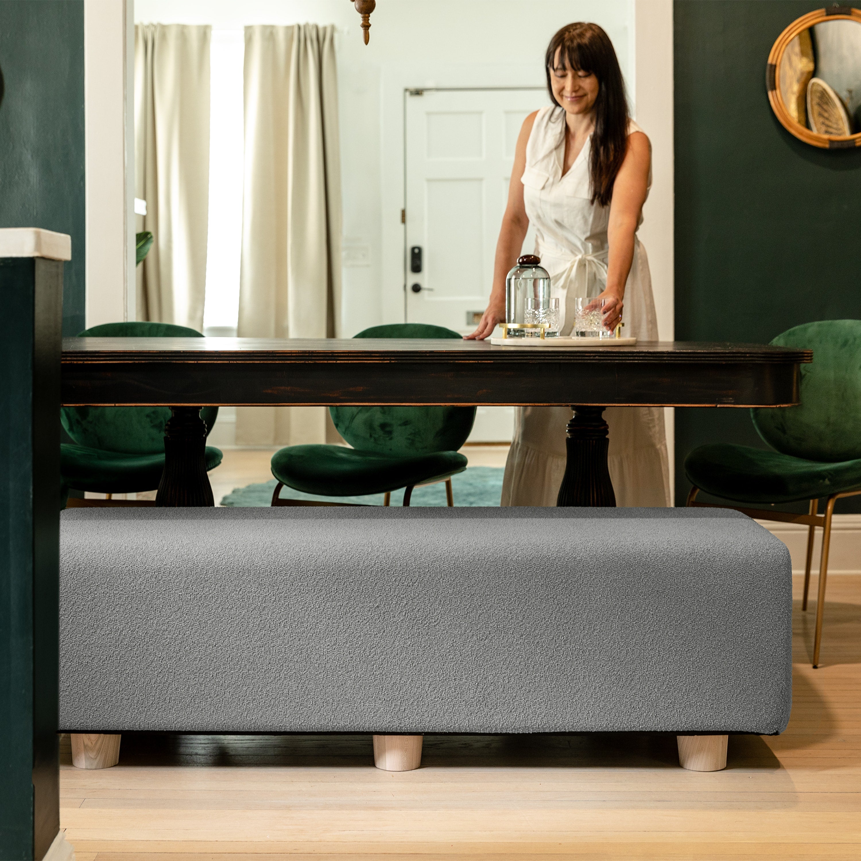 Jaxx Caya 4-in-1 Large Bed Bench, Giant Ottoman, Dining Bench, and Yoga and Massage Platform, King, Boucle Dark Grey
