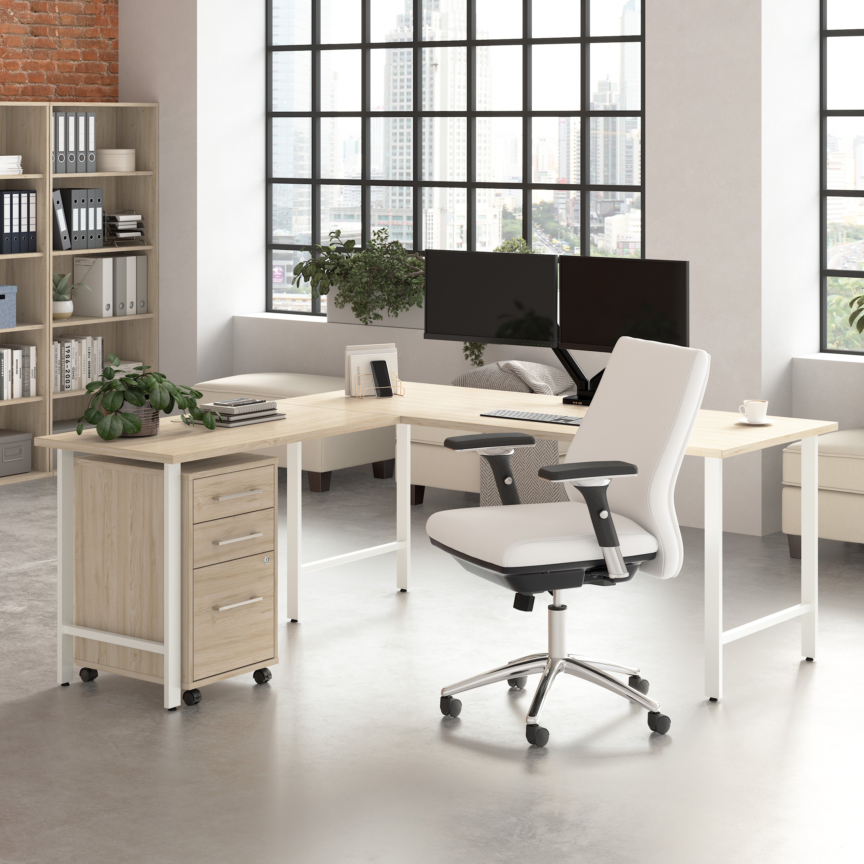 Bush Business Furniture Hustle 72W x 30D L Shaped Computer Desk with 3 Drawer Mobile File Cabinet in Natural Elm - 71.02" Width x 71.33" Depth x 30.07" Height