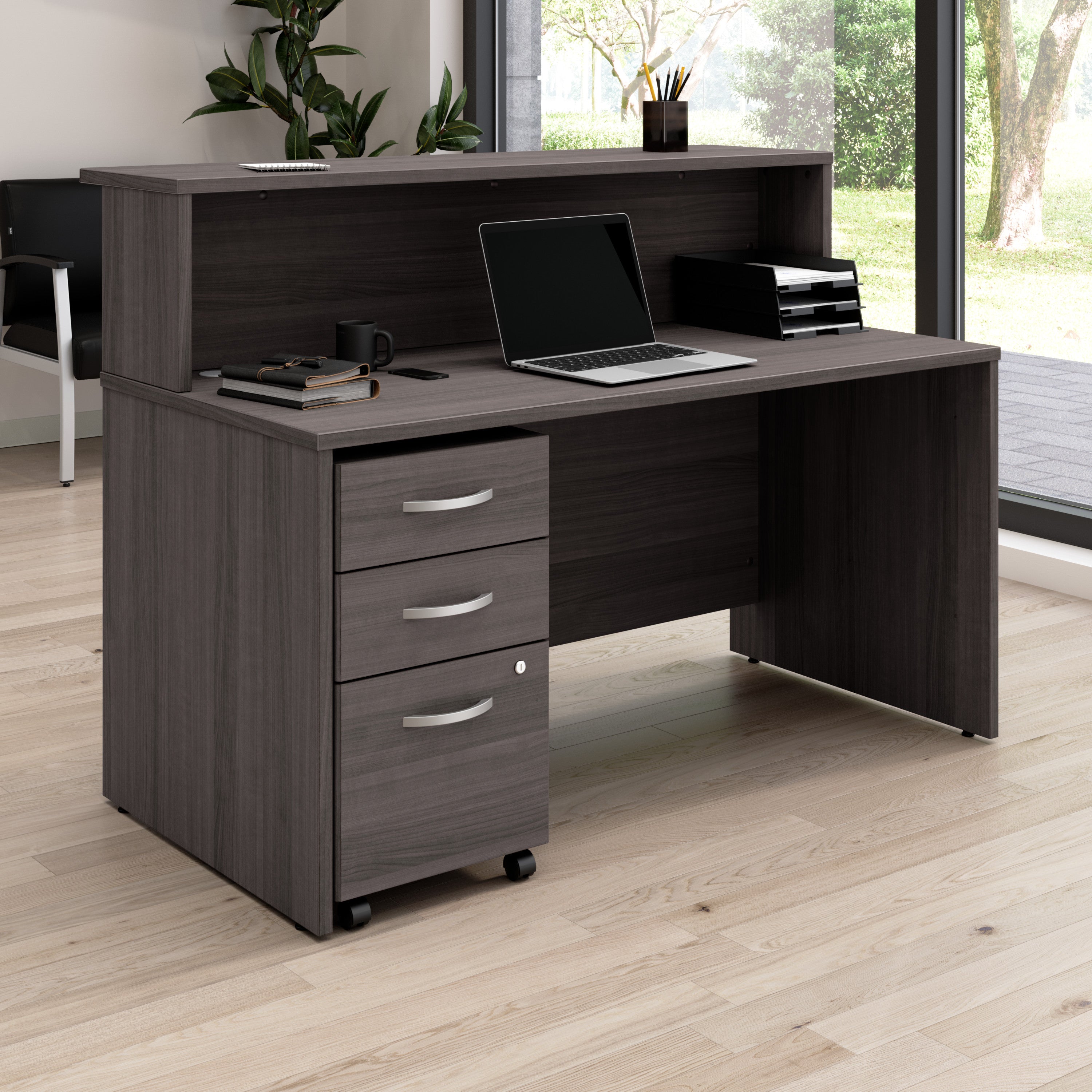 Bush Business Furniture Arrive 60W x 30D Reception Desk with Shelf and Mobile File Cabinet in Storm Gray - 59.45" Width x 29.37" Depth x 43.71" Height