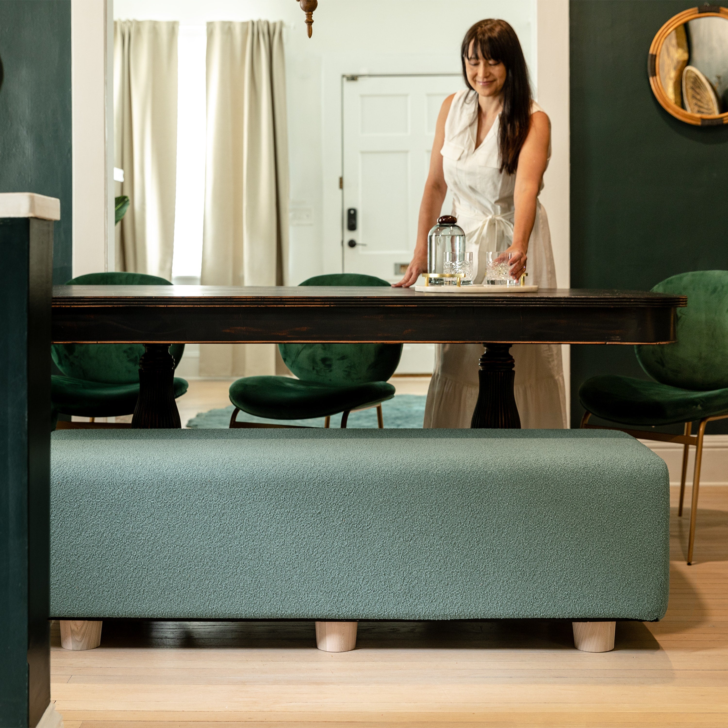 Jaxx Caya 4-in-1 Large Bed Bench, Giant Ottoman, Dining Bench, and Yoga and Massage Platform, Queen, Boucle Green