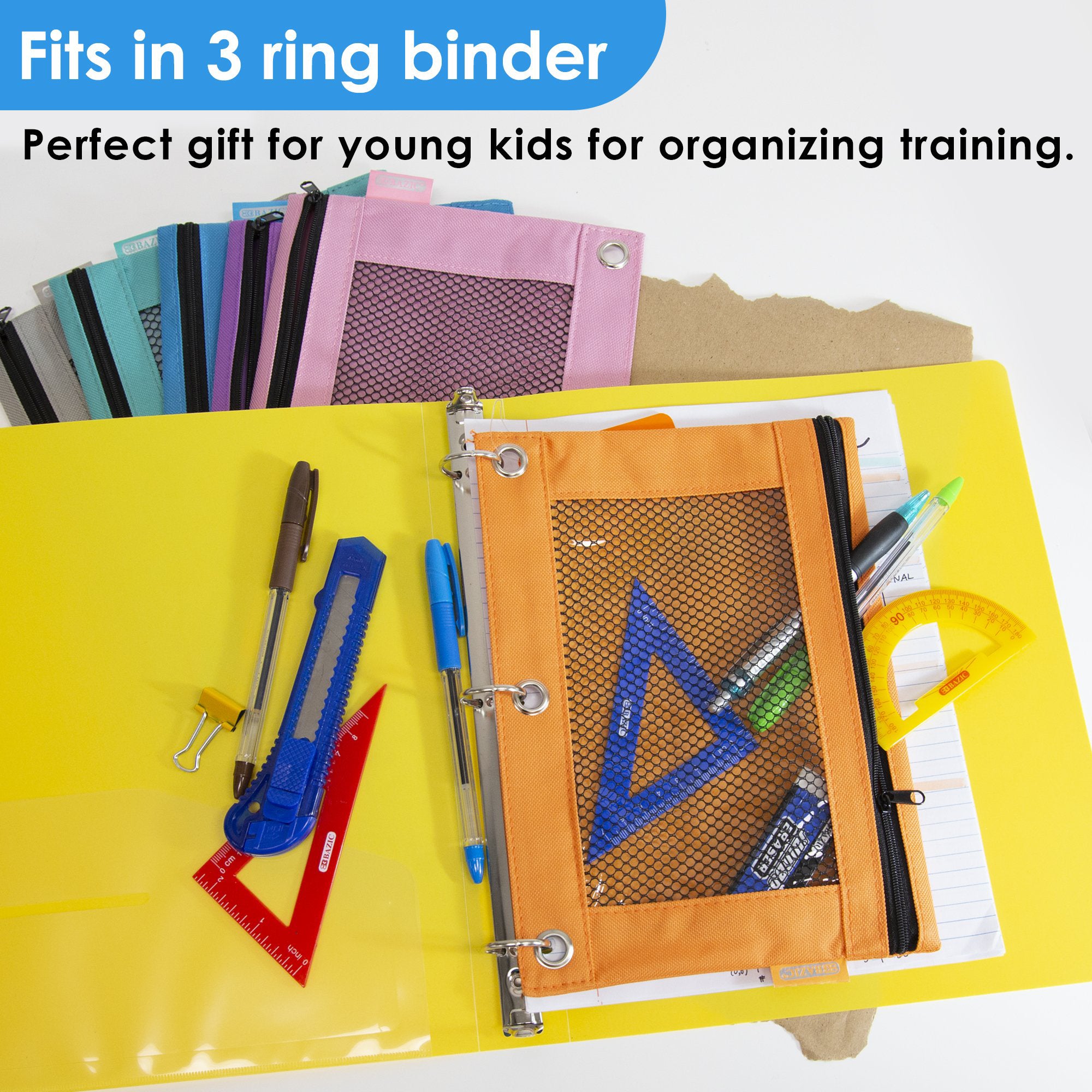 3-Ring Pencil Pouch with Mesh Window, Retro Pastel Colors, 1 Pouch