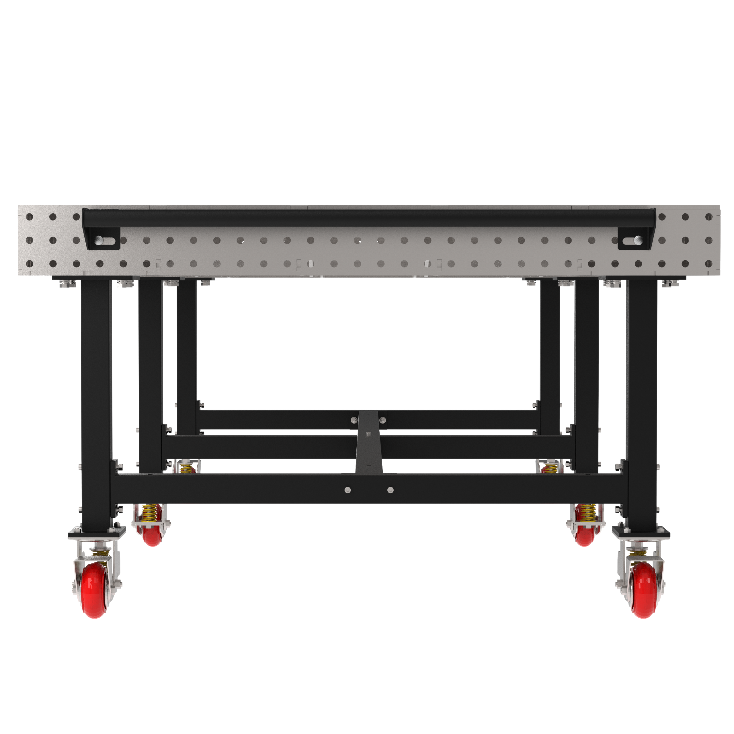 Welding Fixture Table, Fixed Height, 36"H x 120"L x 60"D, 1/4" Carbon Steel Top, Six Black Powdercoat Legs, Handle, 6 Heavy Duty Suspension Casters (4 Locking/Swiveling Casters and 2 Non-Locking/Non-SwivelingCasters)