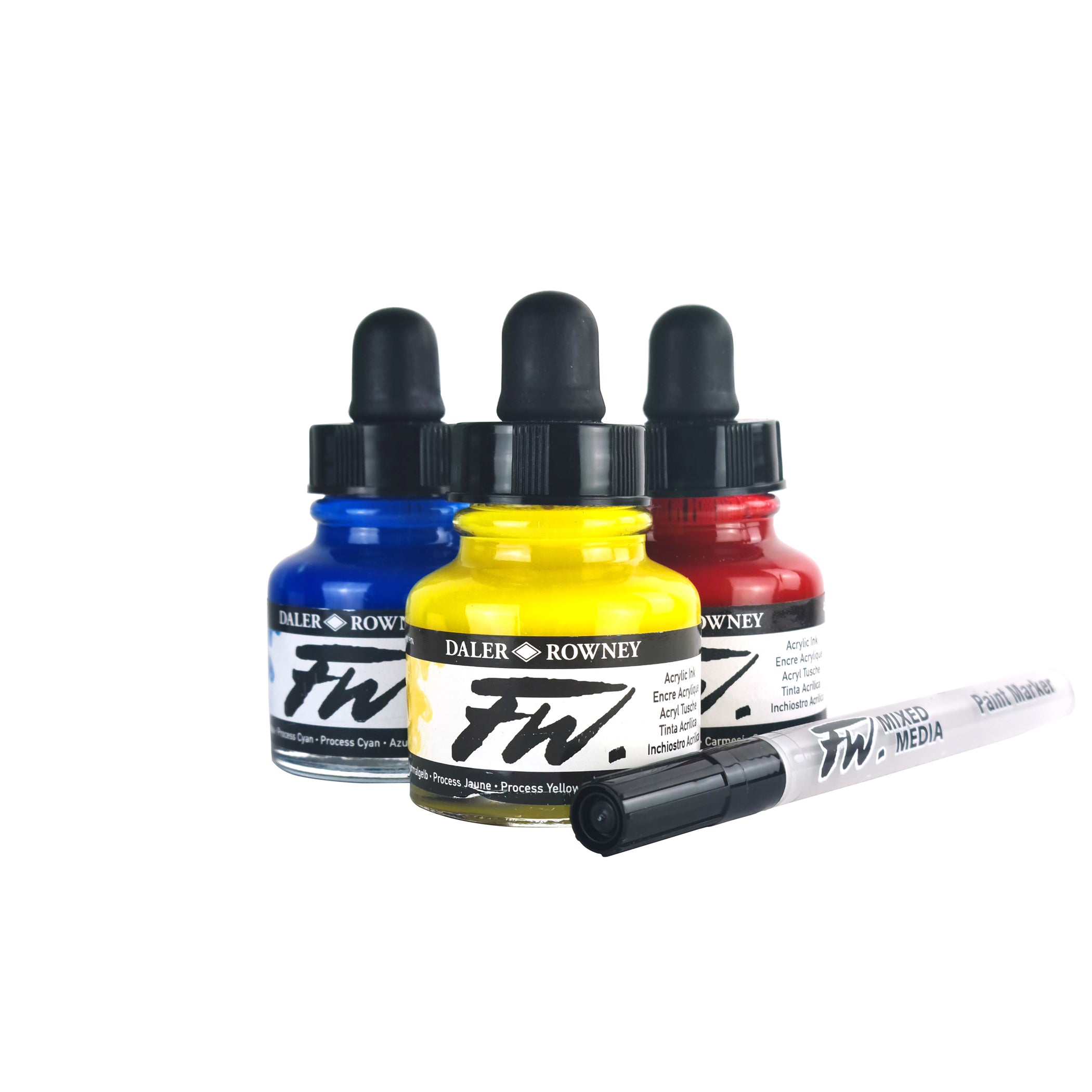 FW Acrylic Ink Primary Set with Empty Marker, Assorted Colors, 29.5ml, 3 Pieces
