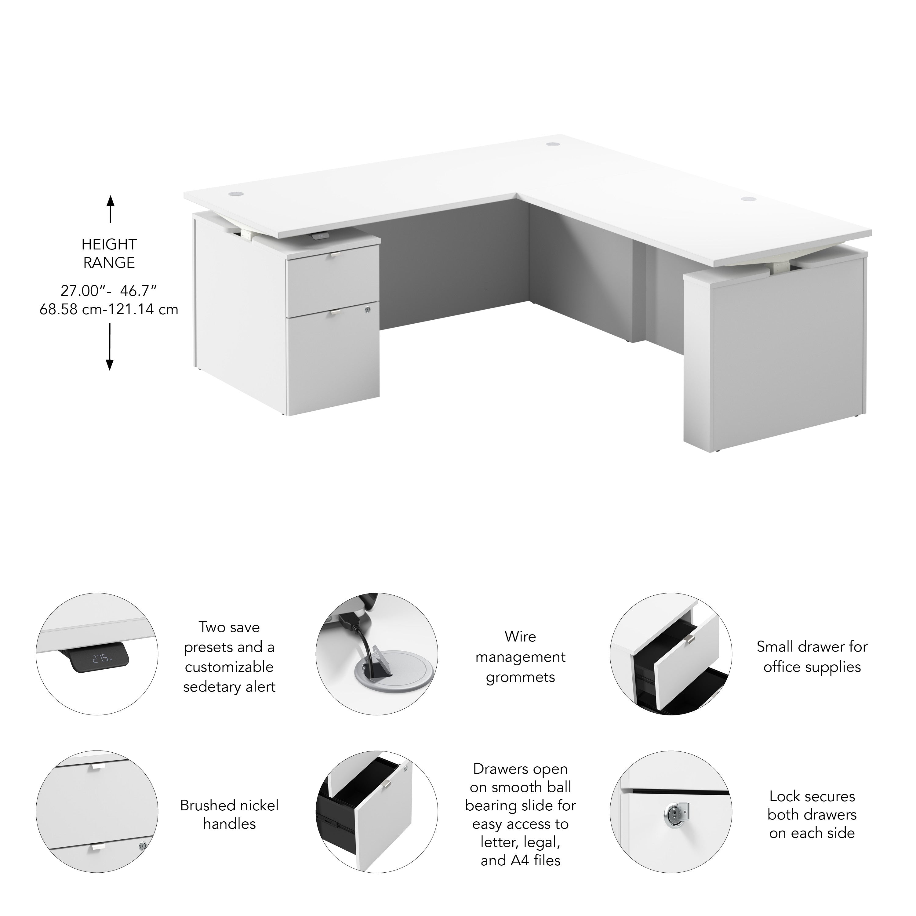 Bush Business Furniture Stratus&nbsp;72W x&nbsp;78D Height Adjustable L Shaped Standing Desk with File Cabinet in White with White Base - 71.02" Width x 76.97" Depth x 27.44" Height
