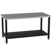 Fabrication Prep Table Fixed Height 36"H X 60"W X 30"D  Carbon Steel Top, Four Leg Frame Powder Coated Black, Lower Shelf Powder Coated Black, Self Leveling Feet