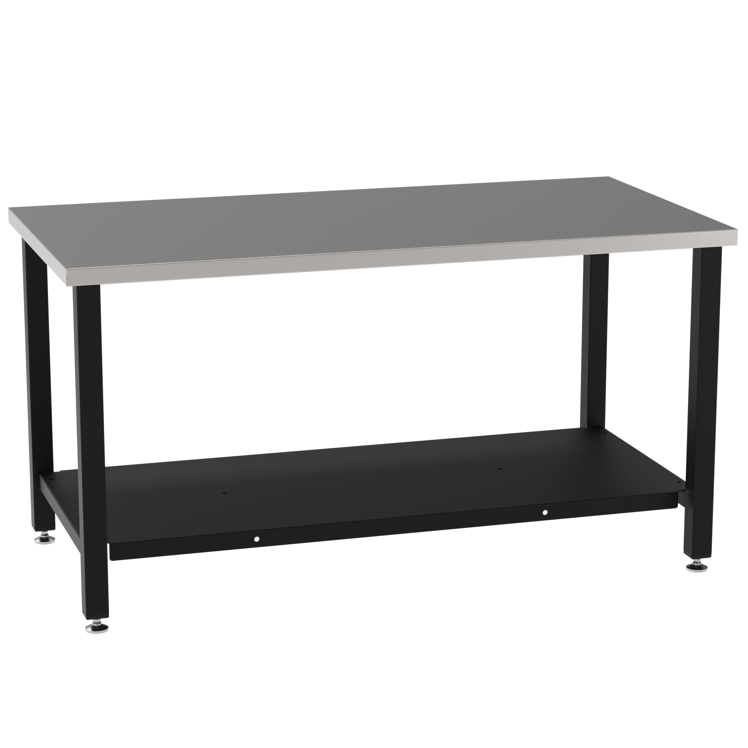 Fabrication Prep Table Fixed Height 36"H X 60"W X 30"D  Carbon Steel Top, Four Leg Frame Powder Coated Black, Lower Shelf Powder Coated Black, Self Leveling Feet