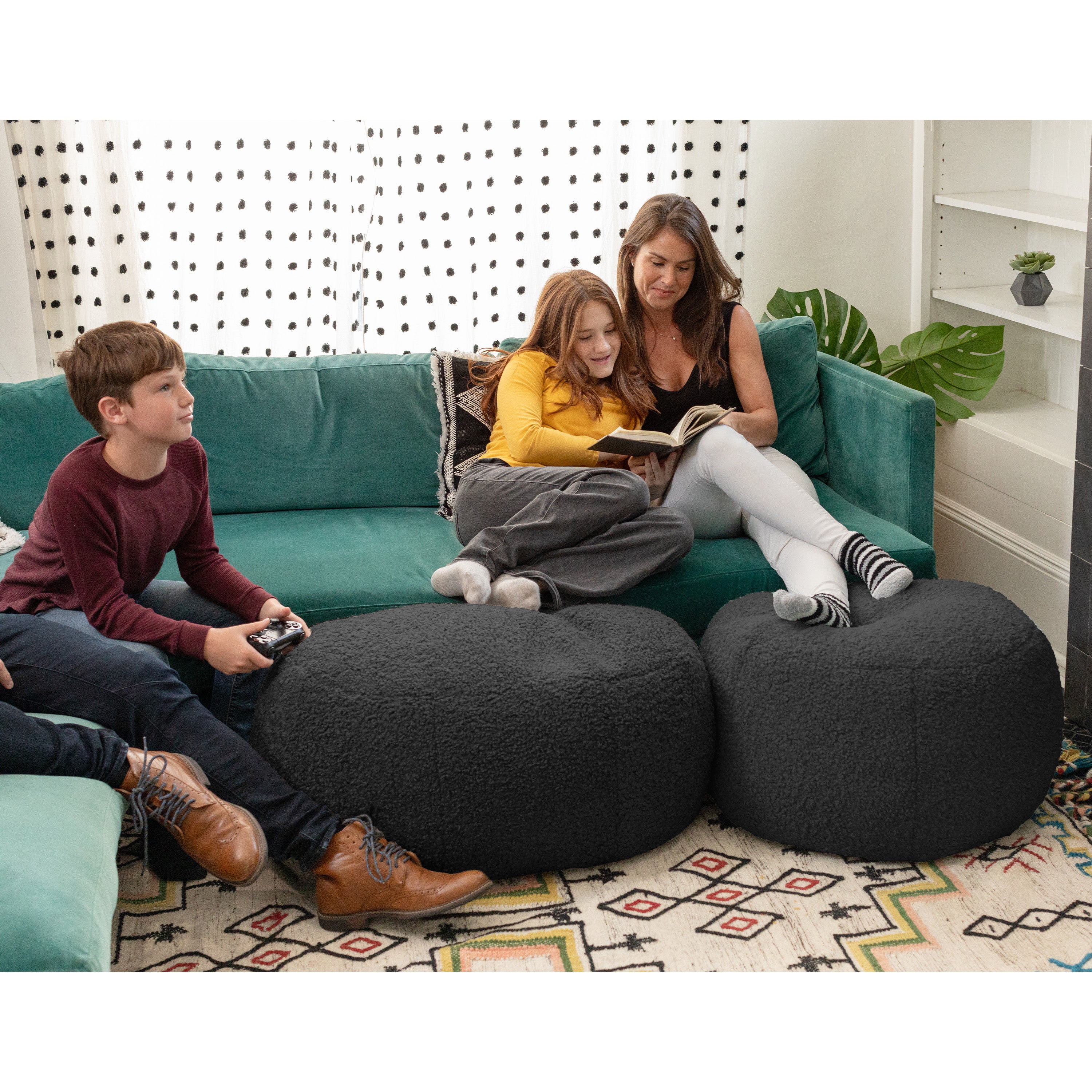 Jaxx Ellis Ottoman Shearling Faux-Lamb Plush Pouf for Modern Interior Design, Large, Black