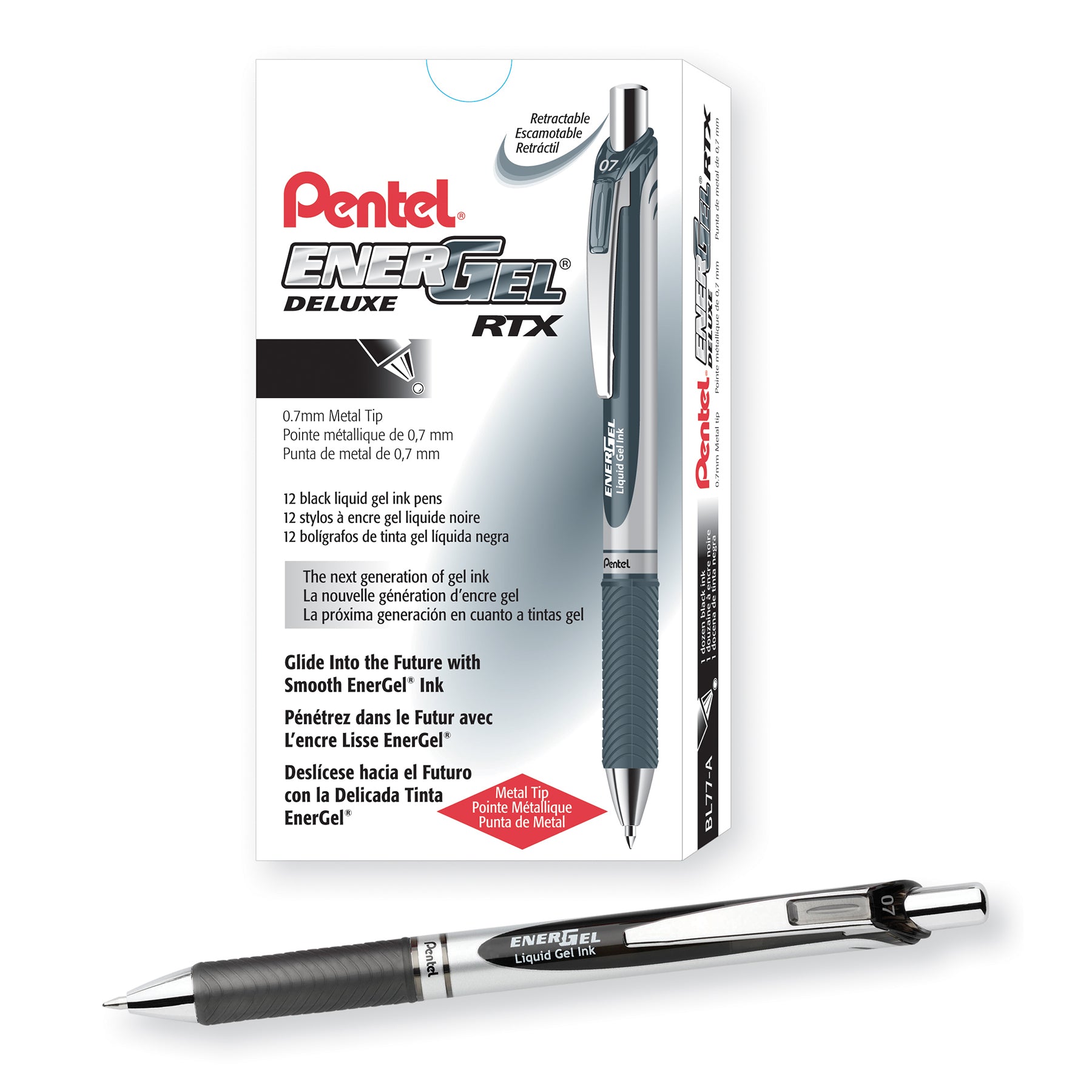 EnerGel RTX Retractable Liquid Gel Pen, (0.7mm) Metal Tip, Medium Line, Black Ink, 1 Dozen