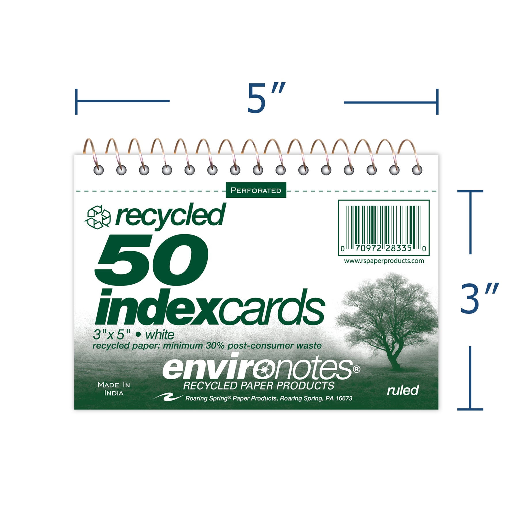 WireboundIndex Cards, 3" x 5", Ruled & Recycled, 50 Cards