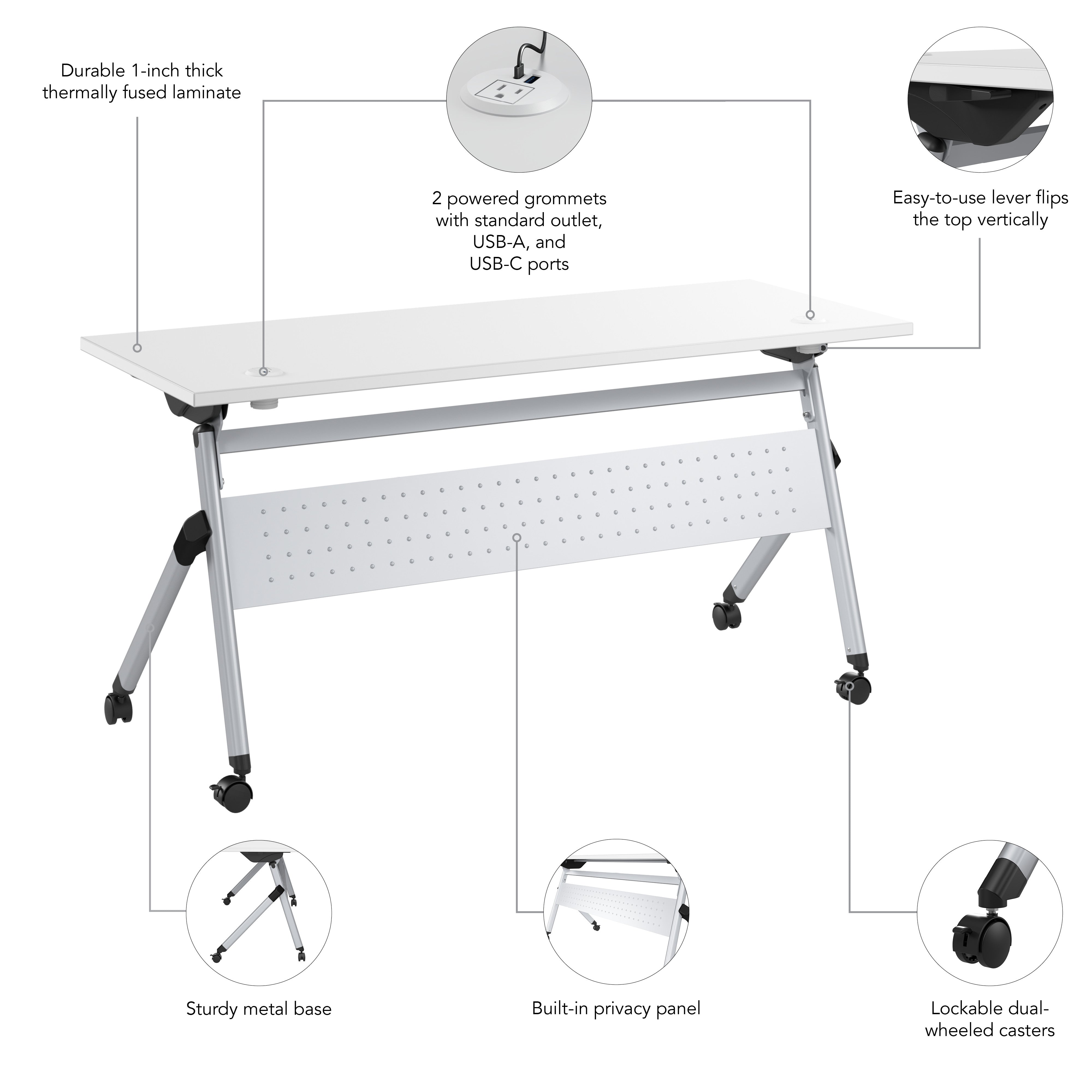 Bush Business Furniture Envision 60W Folding Training Table with Powered Grommets in White - 59.45" Width x 23.54" Depth x 29.62" Height