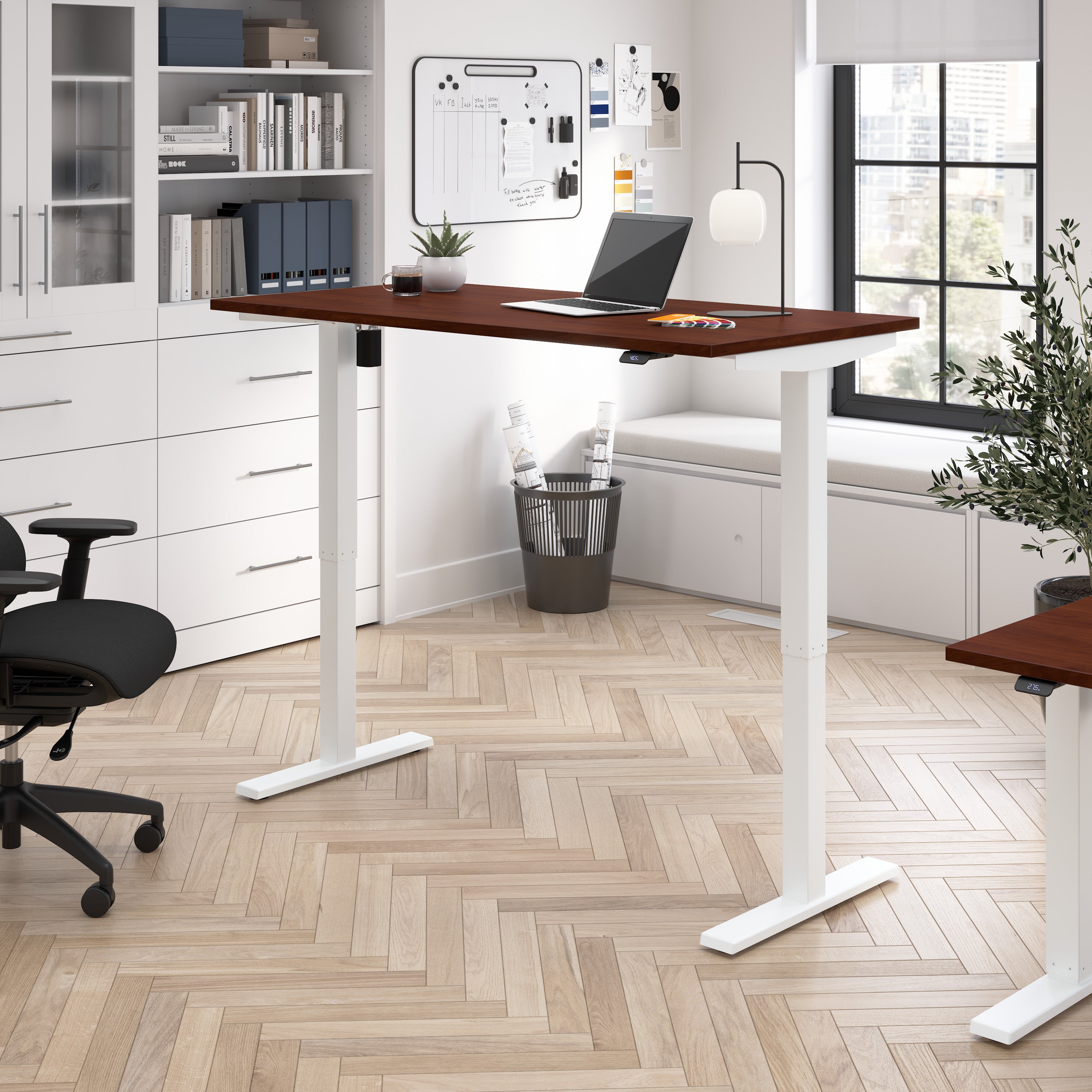 Bush Business Furniture Move 40 Series 60W x 30D Electric Height Adjustable Standing Desk in Hansen Cherry with White Base - 59.45" Width x 29.37" Depth x 28.17" Height