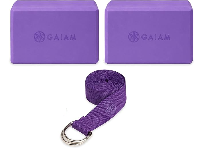 Gaiam Yoga Block - Supportive Latex-Free Eva Foam - Soft Non-Slip Surface with Beveled Edges for Yoga, Pilates, Meditation - Yoga Accessories for Stability, Balance, Deepen Stretches - Deep Purple 2pk/Block/Strap Combo