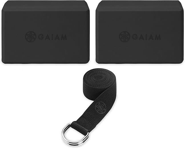 Gaiam Yoga Block - Supportive Latex-Free Eva Foam - Soft Non-Slip Surface with Beveled Edges for Yoga, Pilates, Meditation - Yoga Accessories for Stability, Balance, Deepen Stretches - Black 2pk/Block/Strap Combo