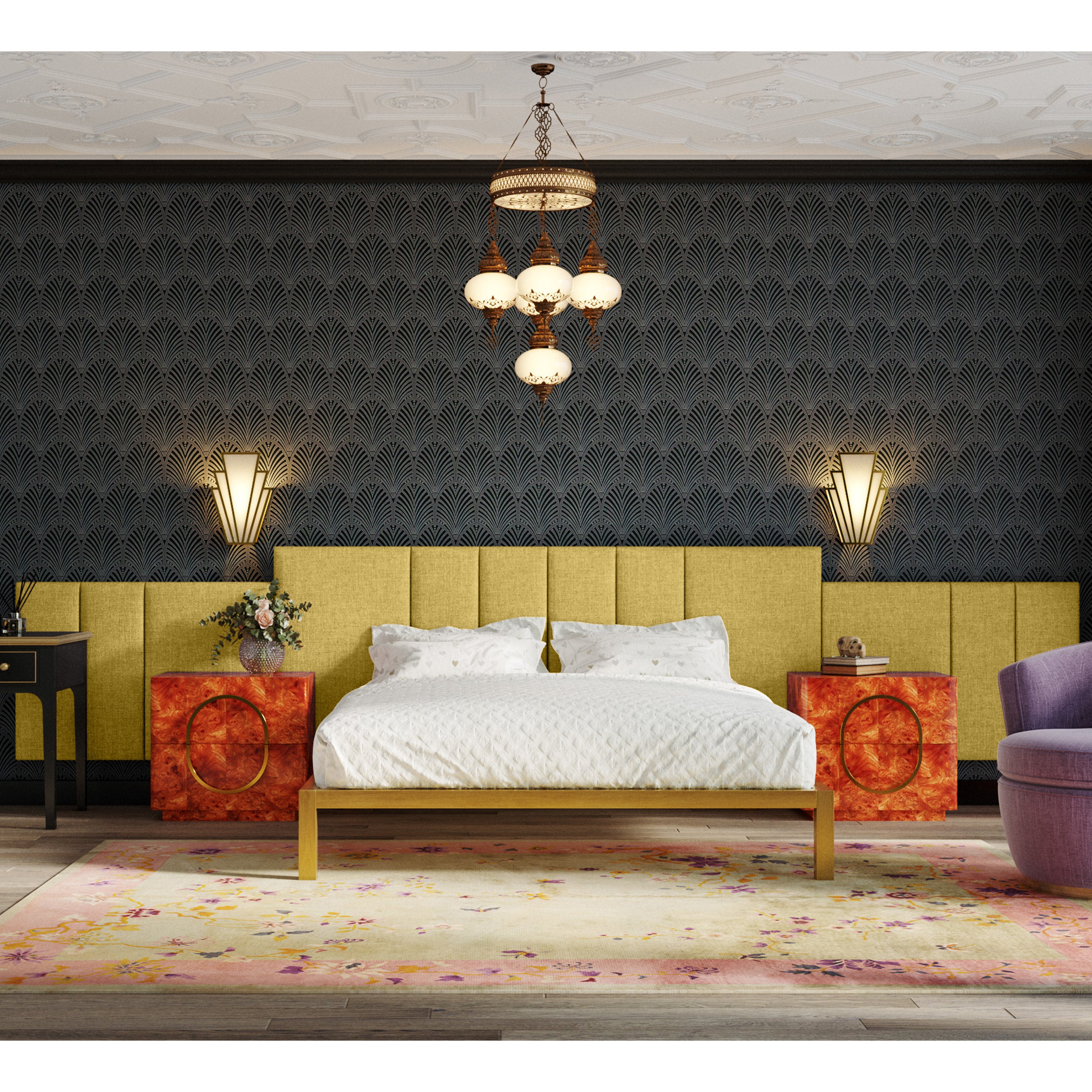 Jaxx Panelist Modern Padded Headboard- Set of 2 Wall Mounted Panels (Each 22.5" x 38")- King Double Tall, Microvelvet Amber Gold