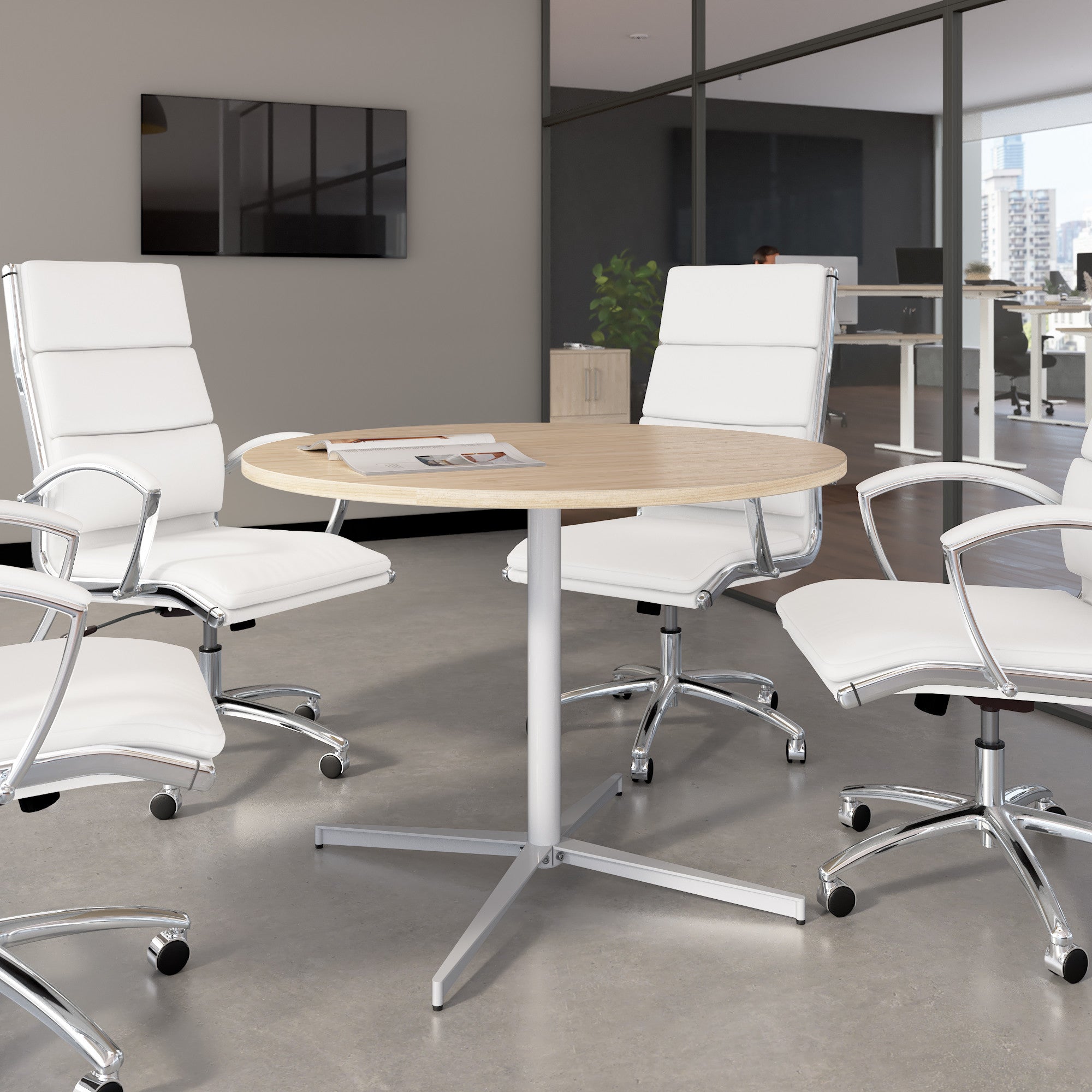 Bush Business Furniture 42-inch Round Conference Table with Metal Base in Natural Elm - 41.38" Width x 41.38" Depth x 30.33" Height
