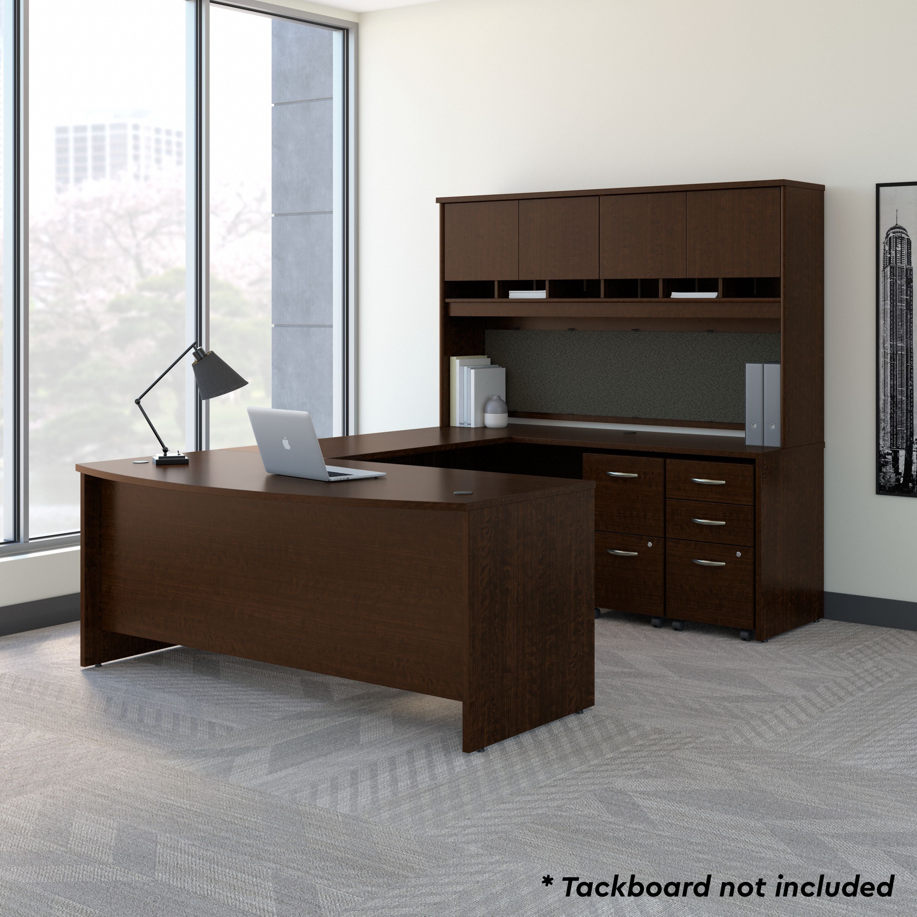 Bush Business Furniture 72W Bow Front U Shaped Desk with Hutch and Storage in Mocha Cherry - 71.1" Width x 107.09" Depth x 72.85" Height