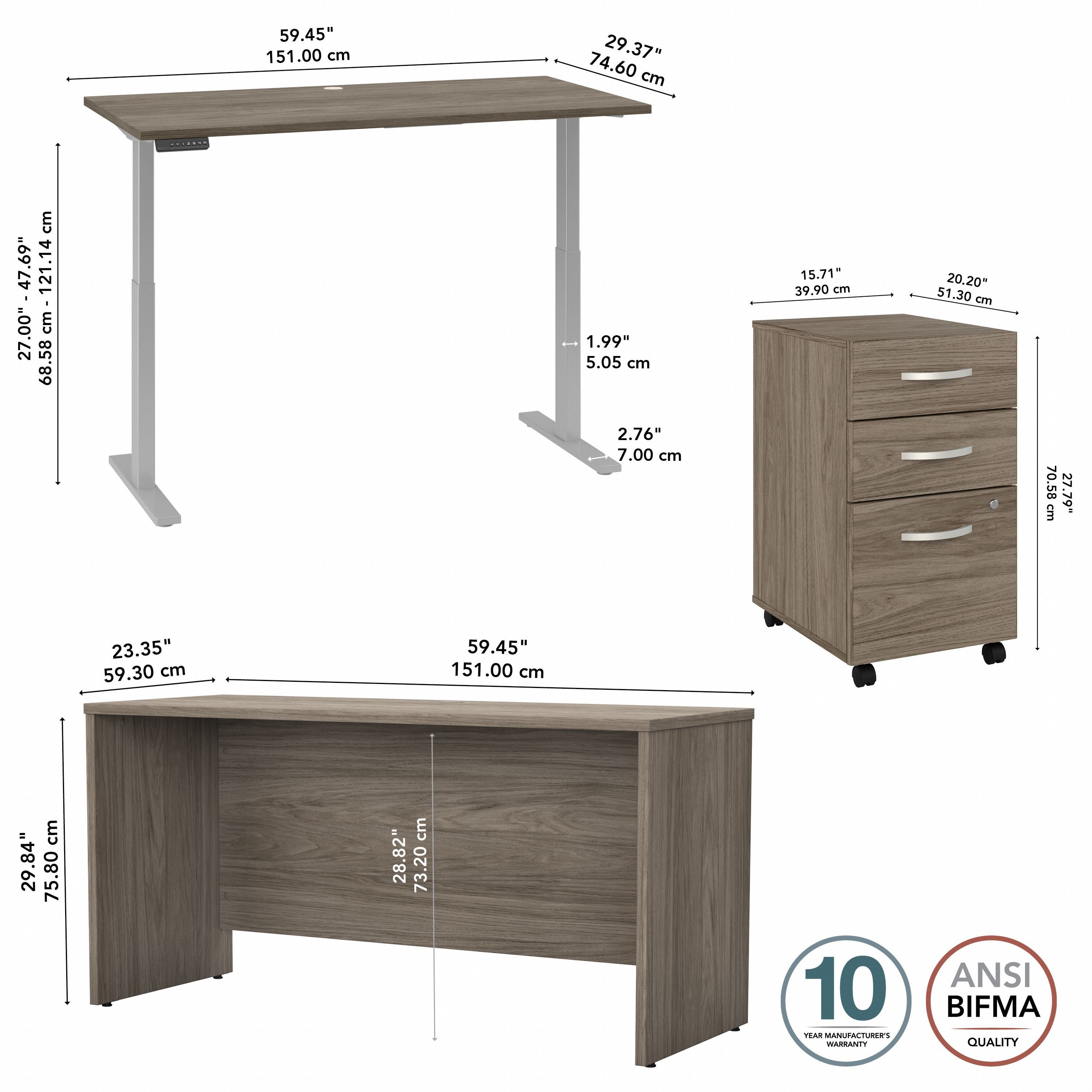 Bush Business Furniture Studio C 60W Height Adjustable Standing Desk with Credenza and File Cabinet in Modern Hickory - 59.45" Width x 82.8" Depth x 47.69" Height