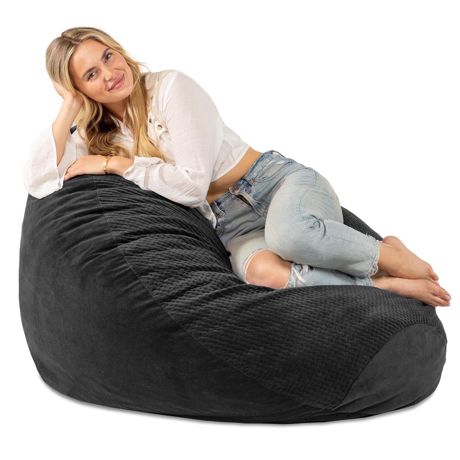 Jaxx Koku - Designer Oval Two-Tone Bean Bag Chair - Quilted Microvelvet, Black
