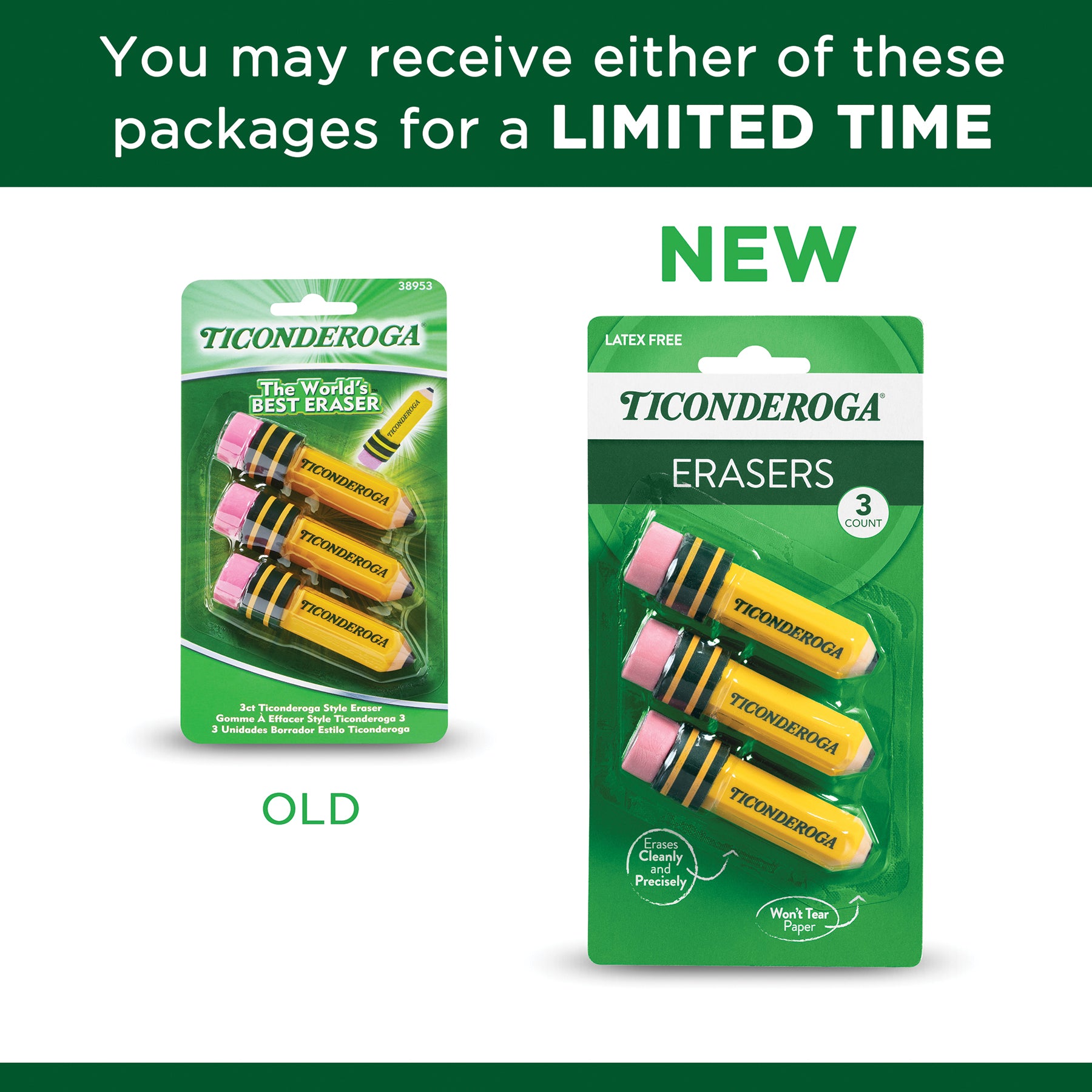 Erasers, Pencil Shaped, Yellow, 3 Count