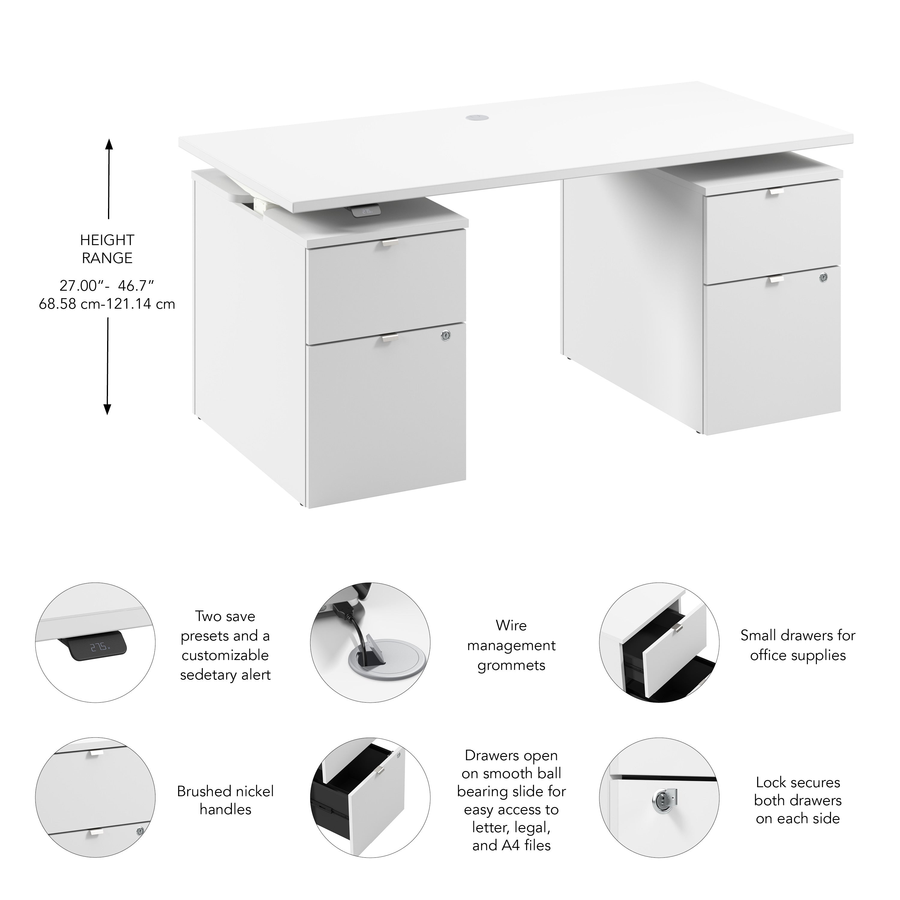 Bush Business Furniture Stratus&nbsp;60W x&nbsp;30D Electric Height Adjustable Standing Desk with Drawers in White with White Base - 59.45" Width x 29.37" Depth x 27.44" Height