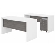 Bush Business Furniture Echo Bow Front Desk and Credenza with Mobile File Cabinet in Pure White and Modern Gray - 60" Width x 87.26" Depth x 30" Height