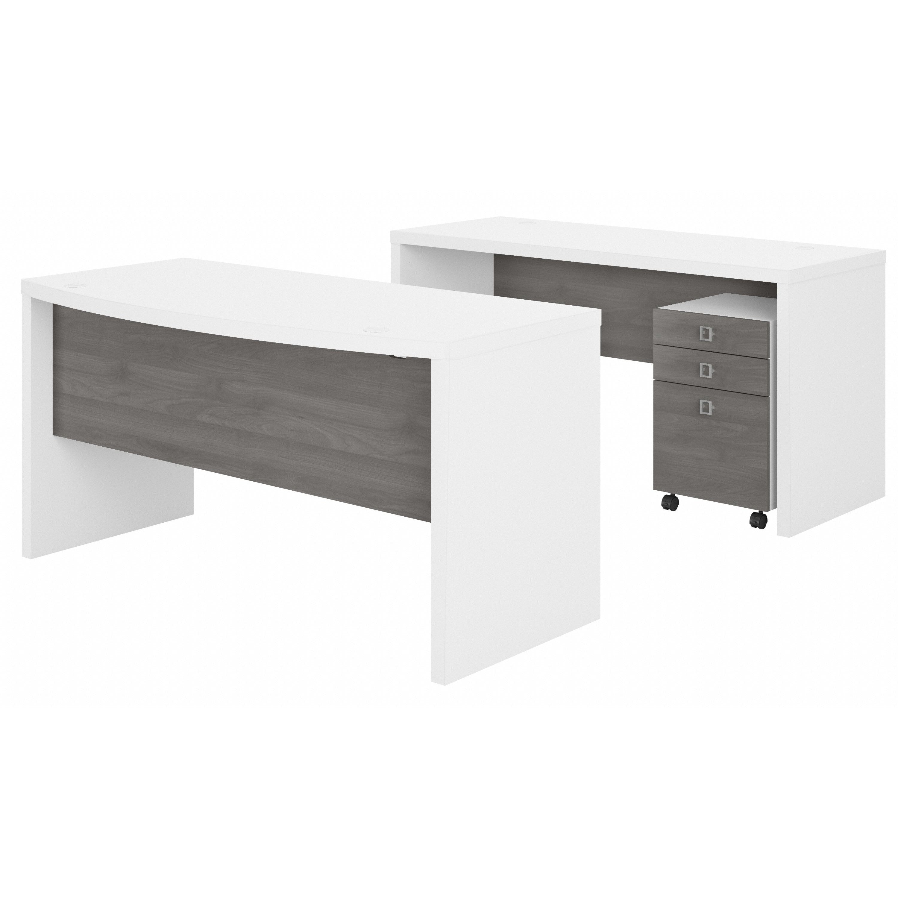 Bush Business Furniture Echo Bow Front Desk and Credenza with Mobile File Cabinet in Pure White and Modern Gray - 60" Width x 87.26" Depth x 30" Height