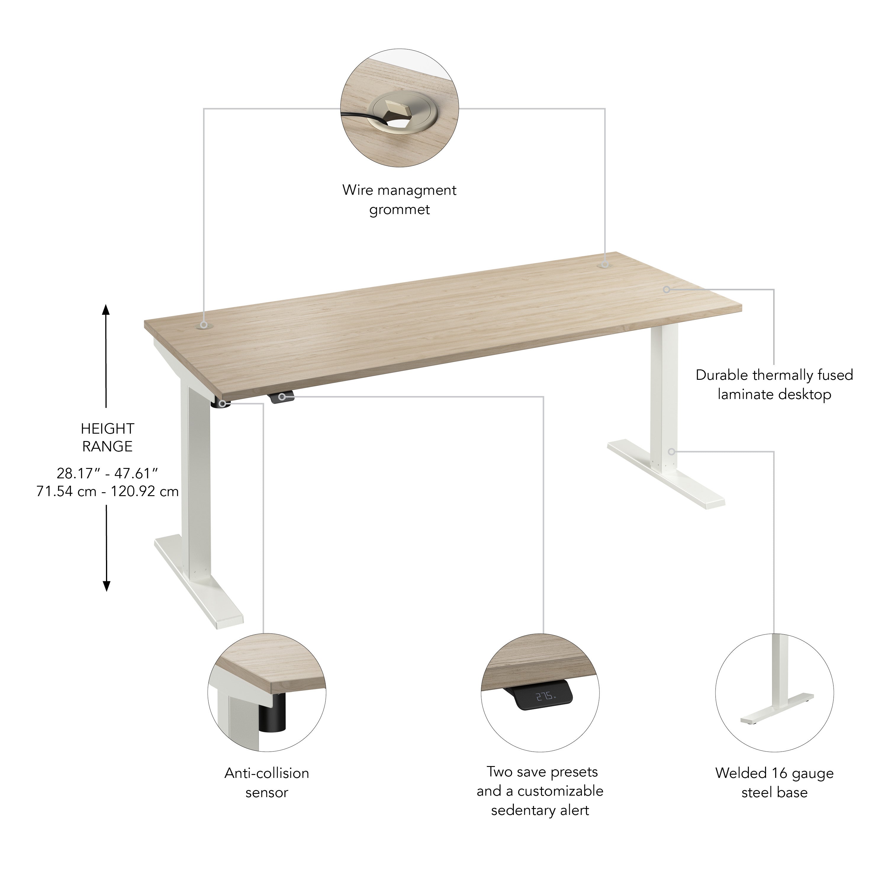 Bush Business Furniture Move 40 Series 72W x 30D Electric Height Adjustable Standing Desk in Natural Elm with White Base - 71.02" Width x 29.37" Depth x 28.17" Height