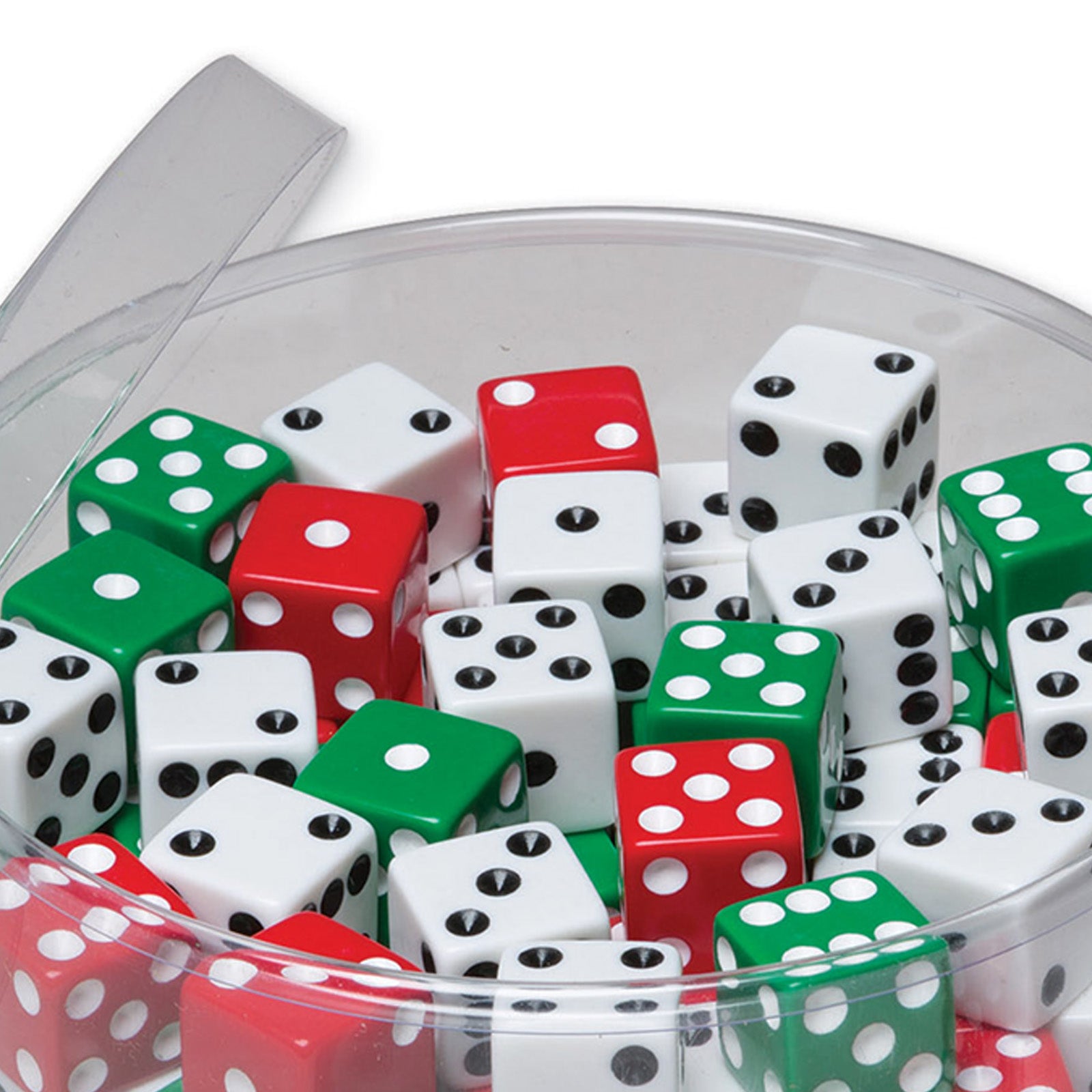 Drum of Dice, Assorted Red, Green & White, 0.625" x 0.625", 144 Pieces