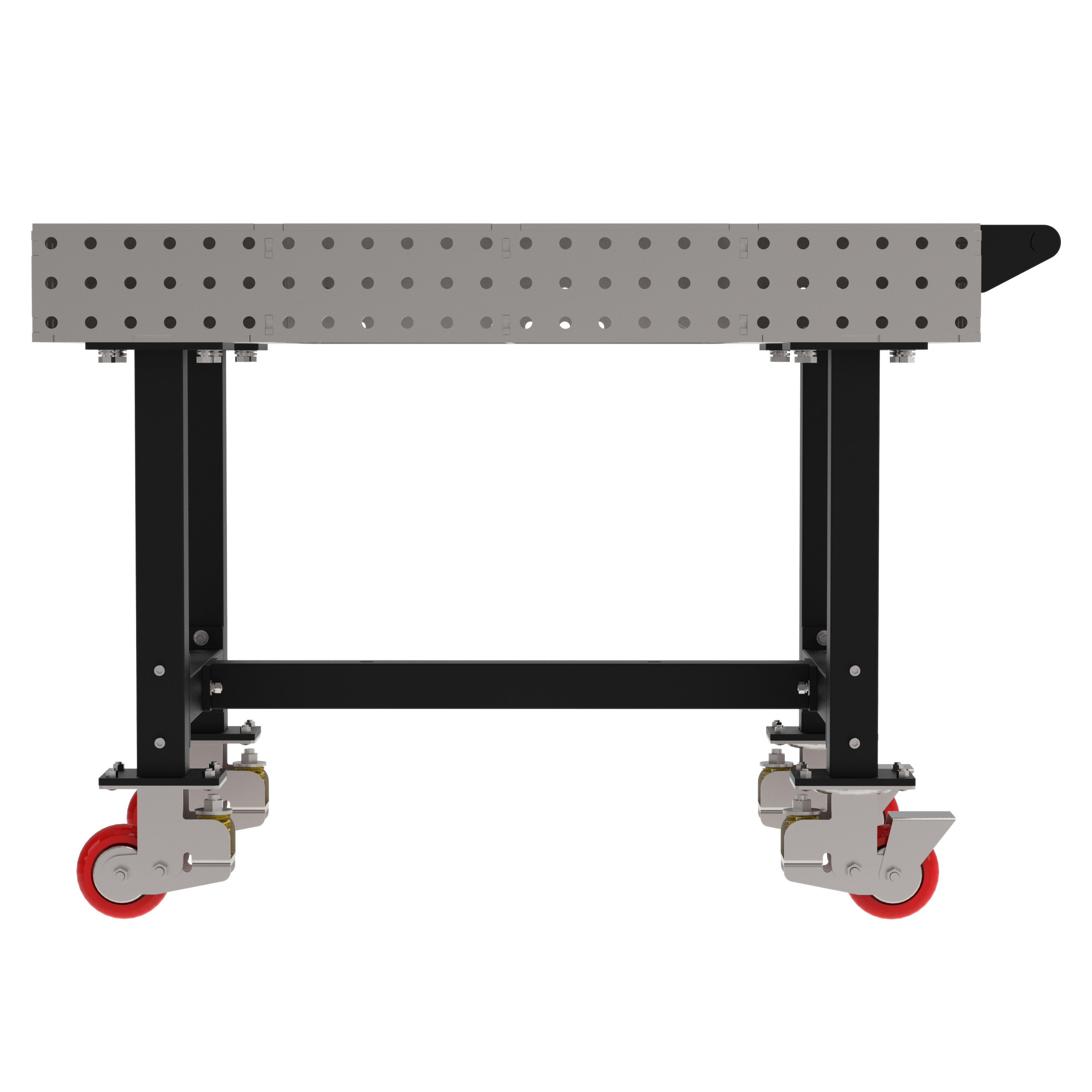 Welding Fixture Table, Fixed Height, 36"H x 48"L x 30"D, 1/4" Carbon Steel Top, Four Black Powdercoat Legs, Handle, 4 Heavy Duty Suspension Casters (2 Locking/Swiveling Casters and 2 Non-Locking/Non-SwivelingCasters)