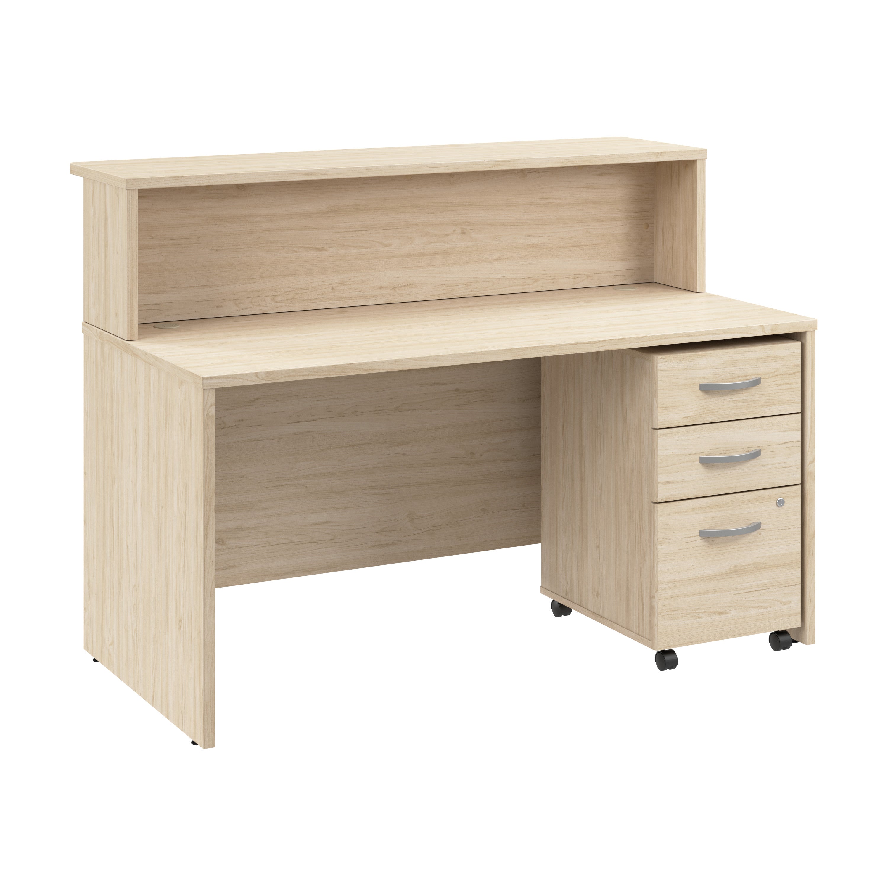 Bush Business Furniture Arrive 60W x 30D Reception Desk with Shelf and Mobile File Cabinet in Natural Elm - 59.45" Width x 29.37" Depth x 43.71" Height