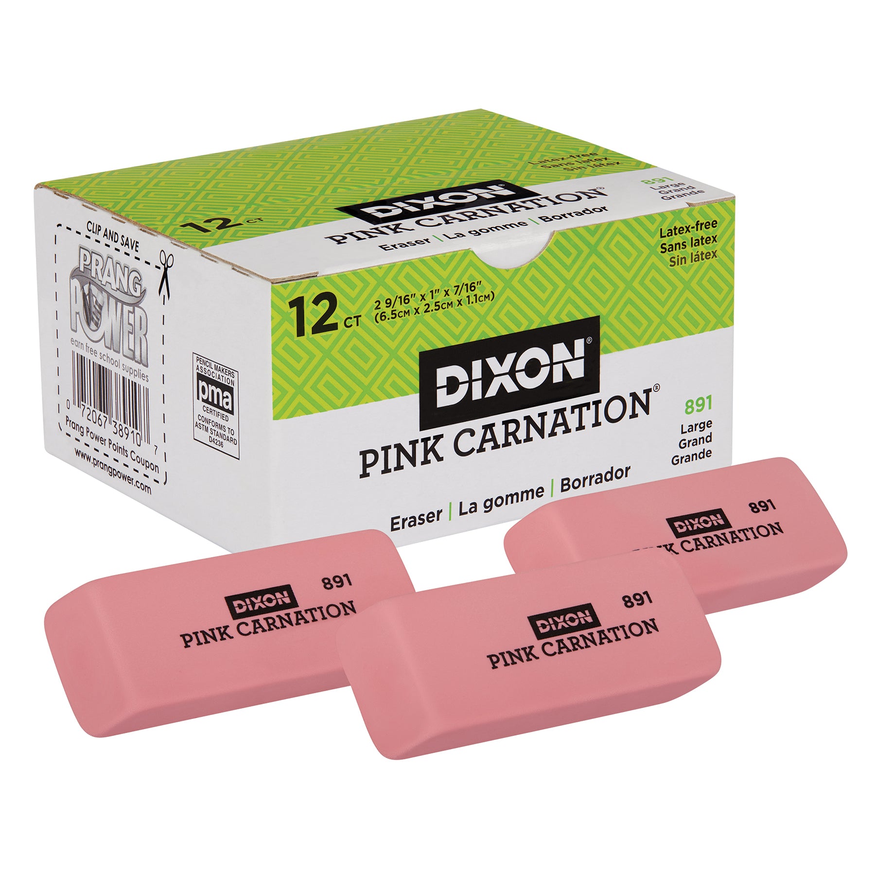 Pink Carnation Erasers, Large, 2-9/16 x 1 x 7/16, Pack of 12