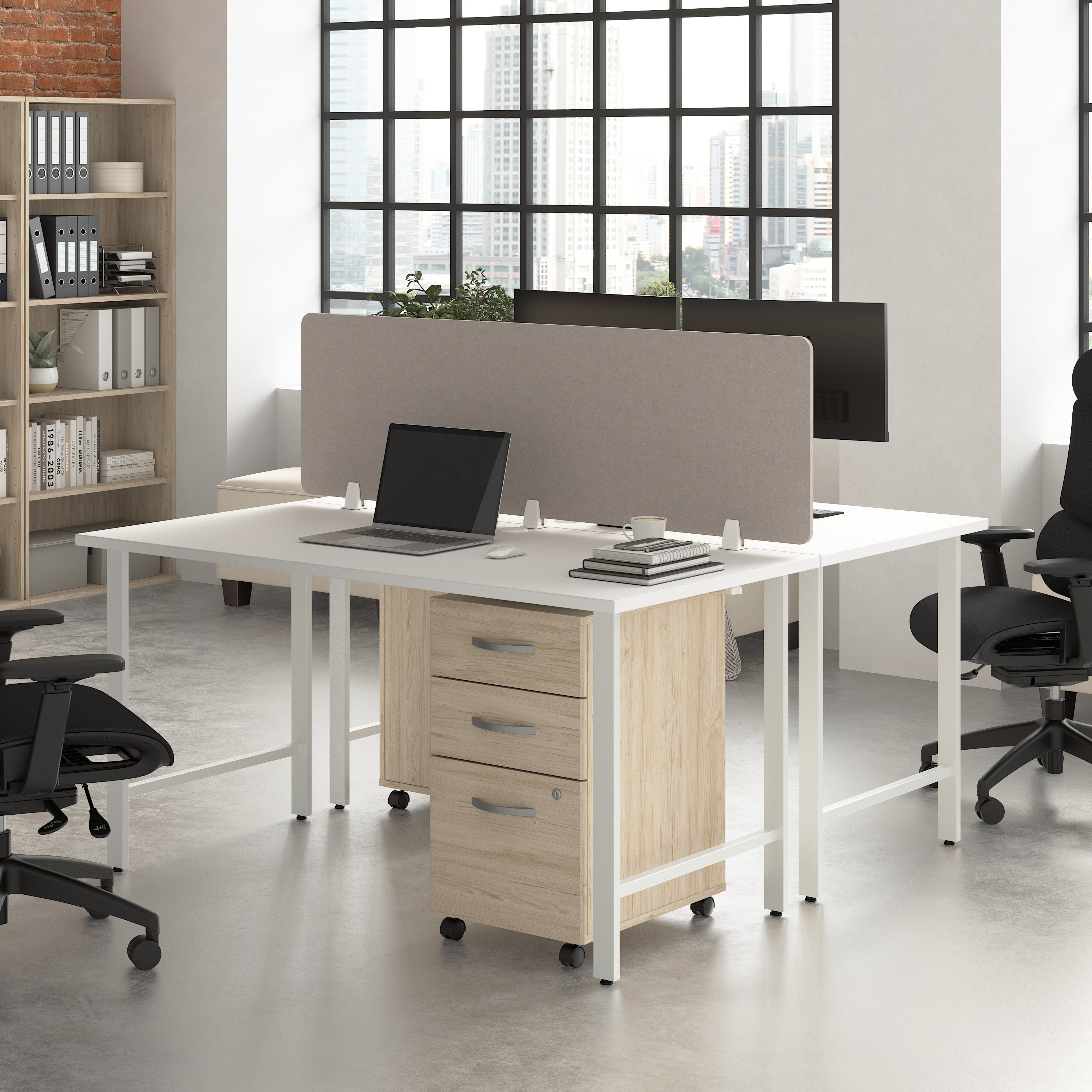 Bush Business Furniture Hustle 2 Person Computer Desk with Mobile File Cabinets, Power Grommets, and Privacy Screen in White and Natural Elm - 59.44" Width x 29.37" Depth x 30.07" Height