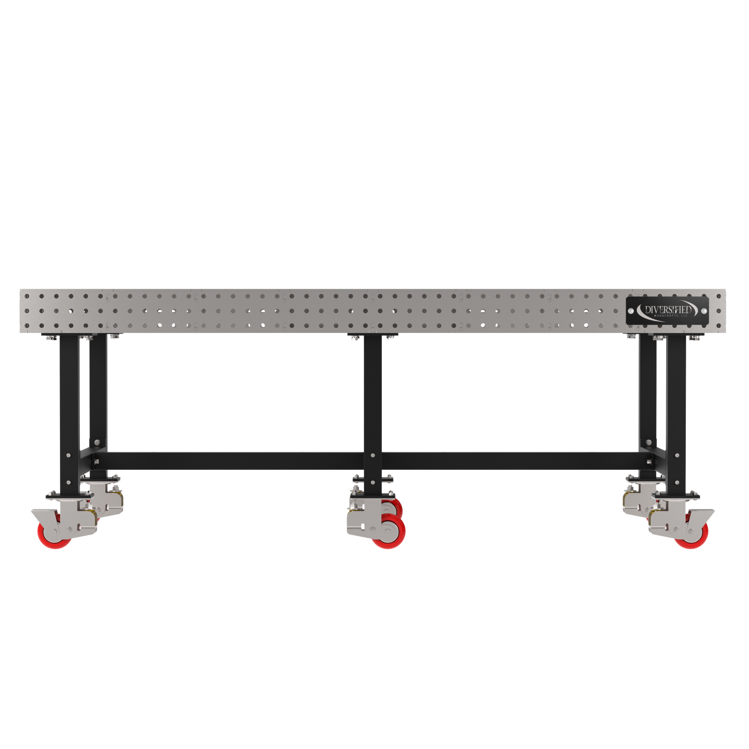 Welding Fixture Table, Fixed Height, 36"H x 96"L x 48"D, 1/4" Carbon Steel Top, Six Black Powdercoat Legs, 6 Heavy Duty Suspension Casters (4 Locking/Swiveling Casters and 2 Non-Locking/Non-SwivelingCasters)