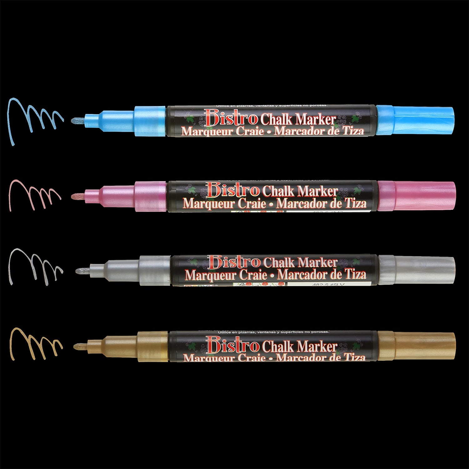 Broad Point Chalk Marker Metallic Fine Tip Set 4M, Gold, Silver, Blue, Red