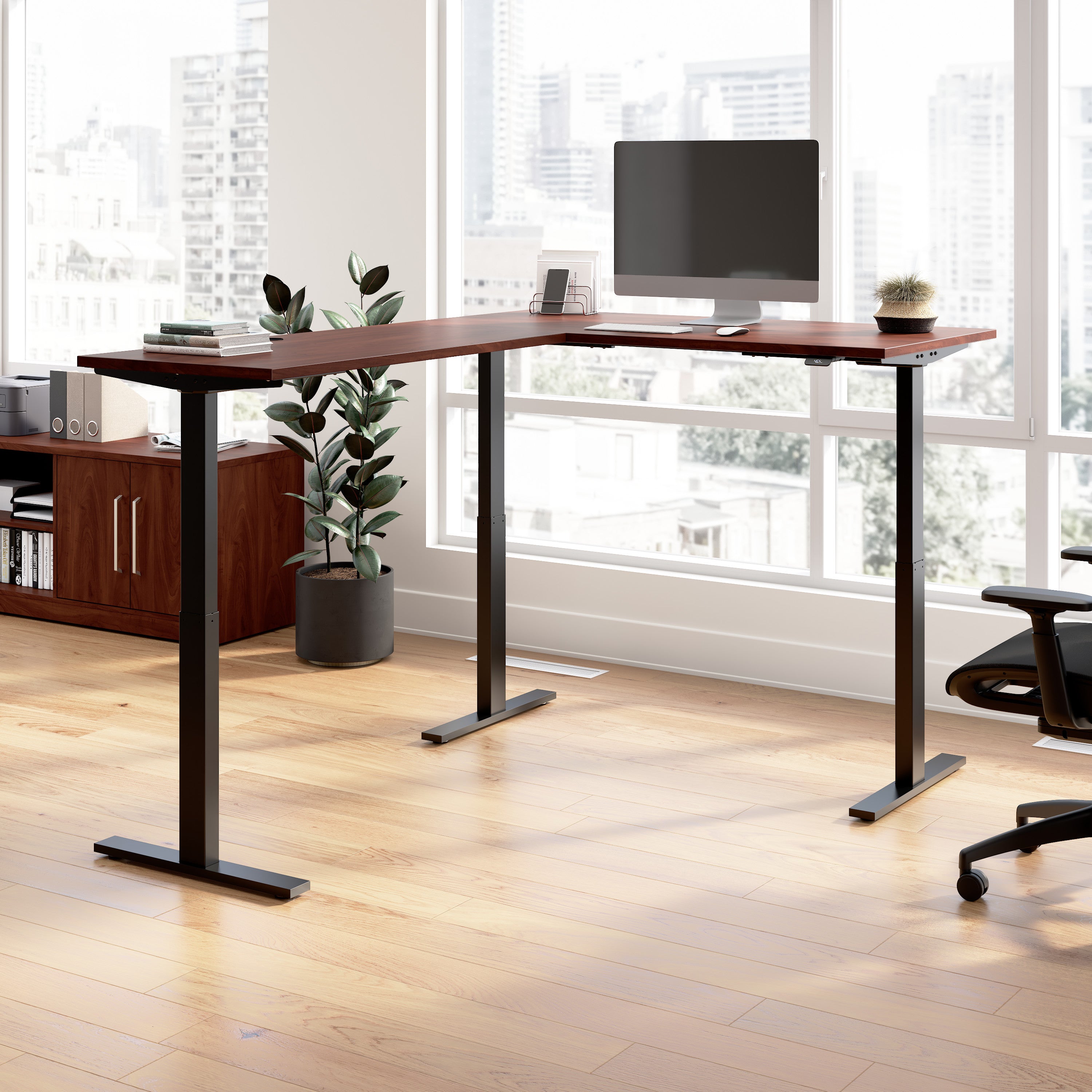 Bush Business Furniture Move 60 Series 60W Height Adjustable L Shaped Standing Desk in Hansen Cherry with Black Base - 59.45" Width x 76.97" Depth x 27.44" Height