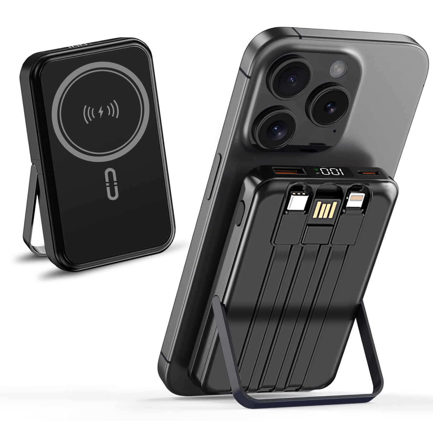10,000mAh Magnetic Wireless Power Bank with Metal Stand + Built-in Cables, Black
