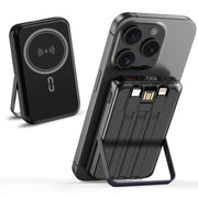 10,000mAh Magnetic Wireless Power Bank with Metal Stand + Built-in Cables, Black