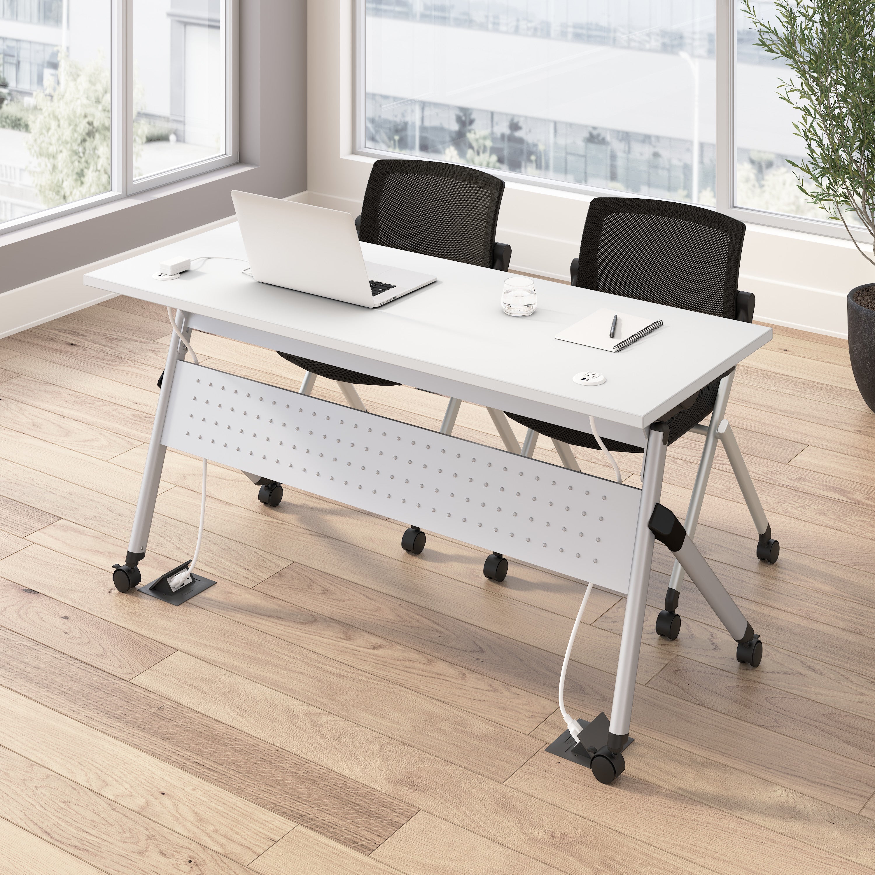 Bush Business Furniture Envision 60W Folding Training Table with Powered Grommets and 2 Chairs in White - 59.45" Width x 23.54" Depth x 32.87" Height